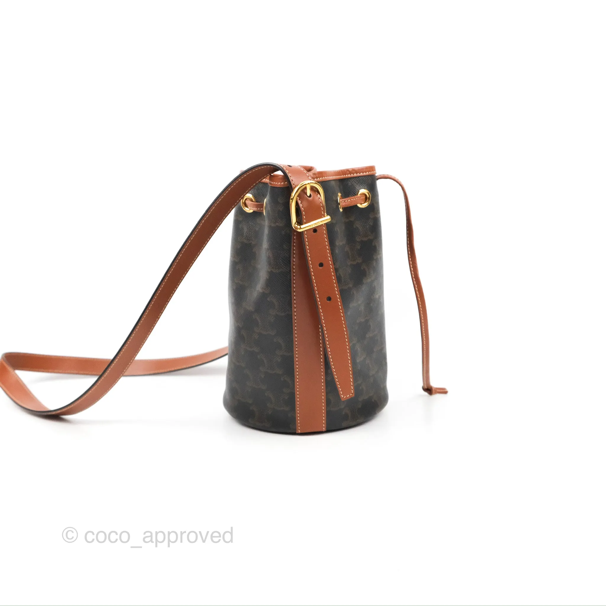 Celine Small Drawstring Bag Triomphe Canvas Tan Calfskin