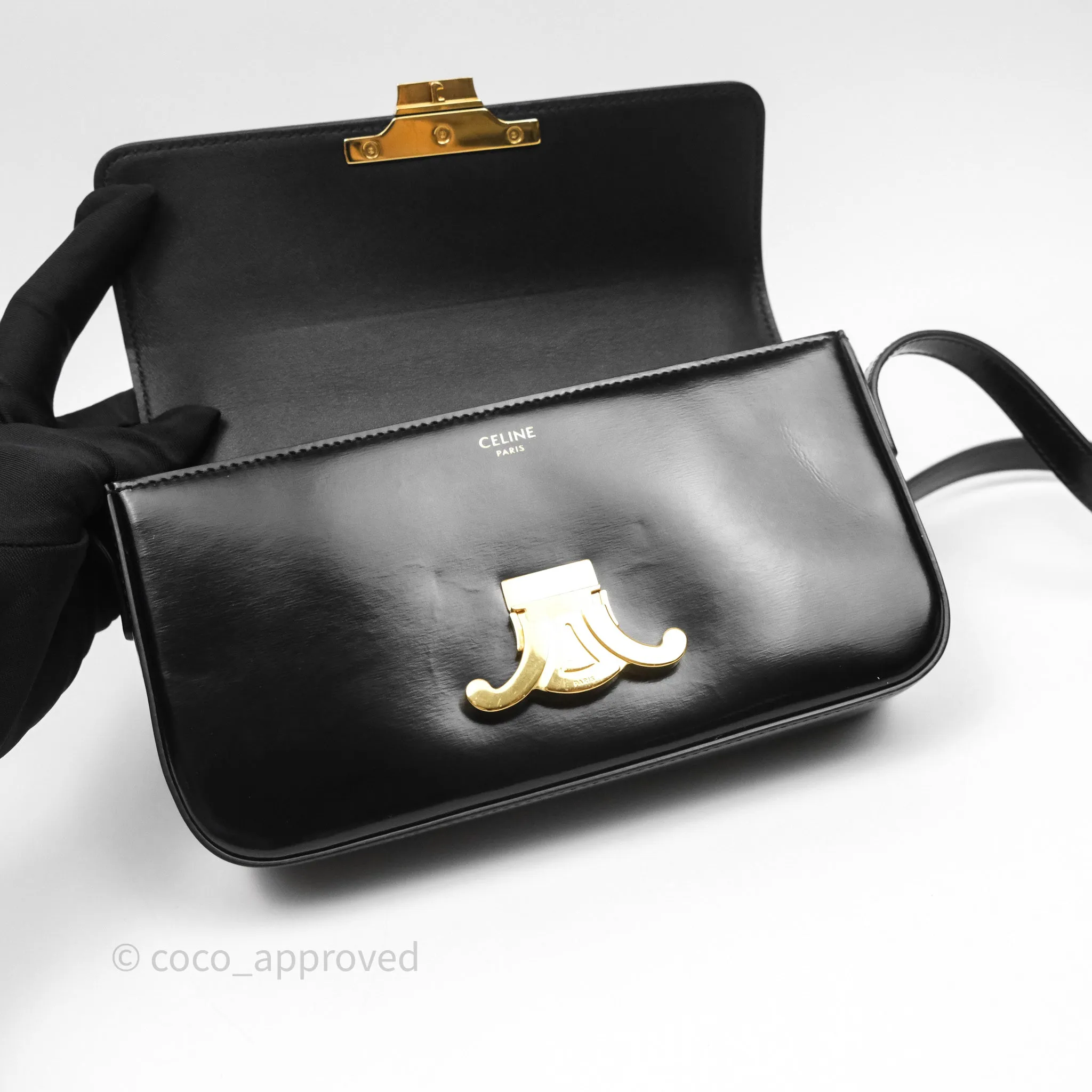 Celine Triomphe Shoulder Bag Black Shiny Calfskin
