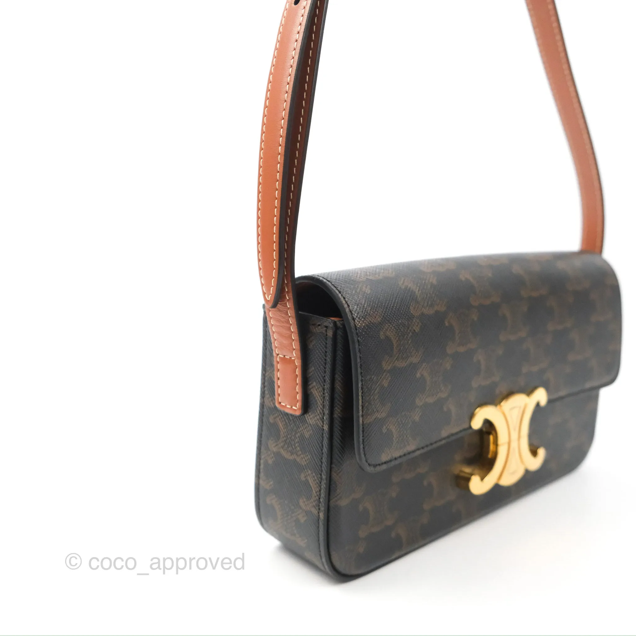 Celine Triomphe Shoulder Bag Tan Calfskin Triomphe Canvas