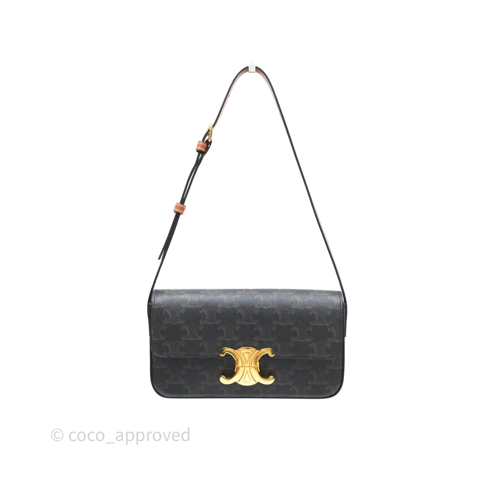Celine Triomphe Shoulder Bag Tan Calfskin Triomphe Canvas