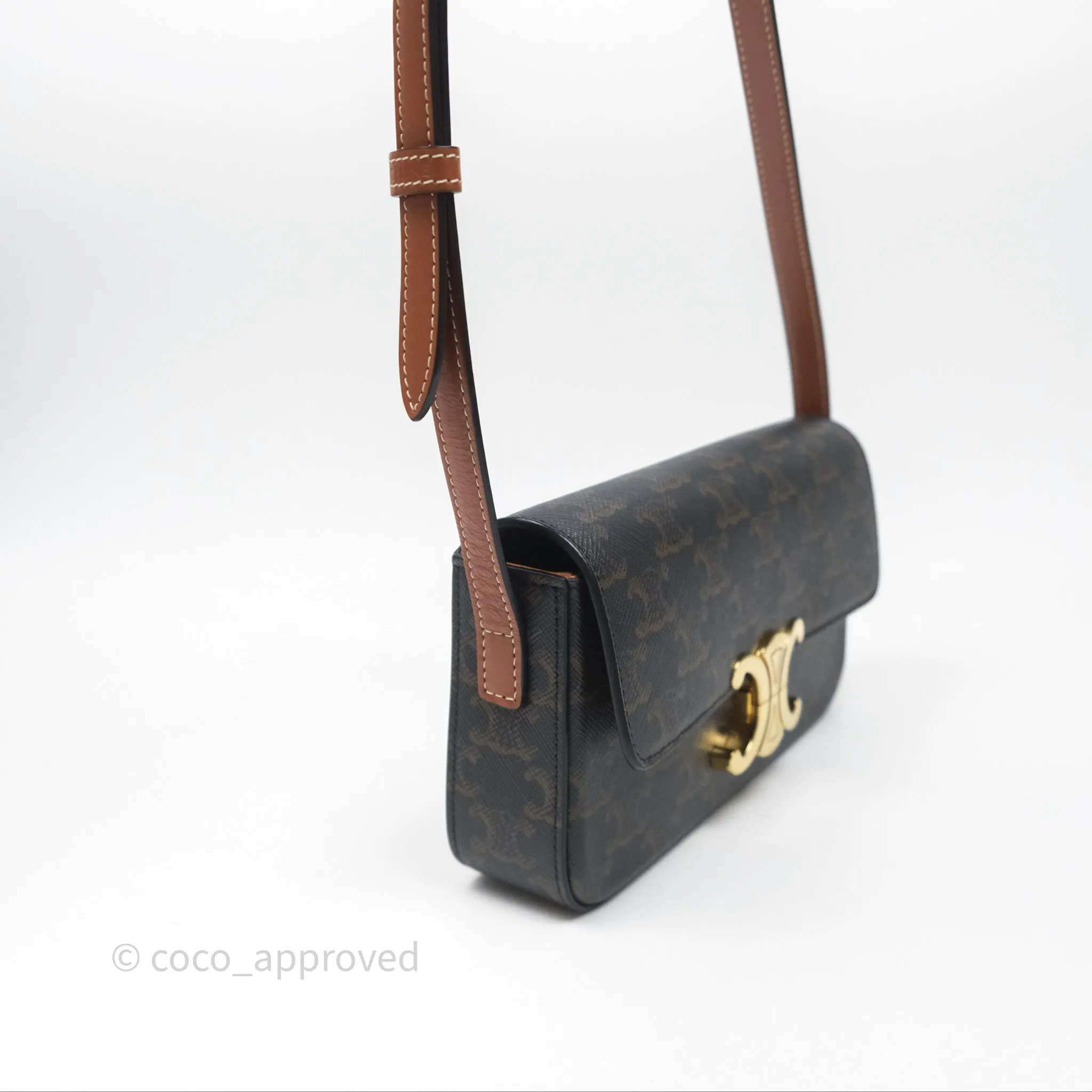 Celine Triomphe Shoulder Bag Tan Calfskin Triomphe Canvas