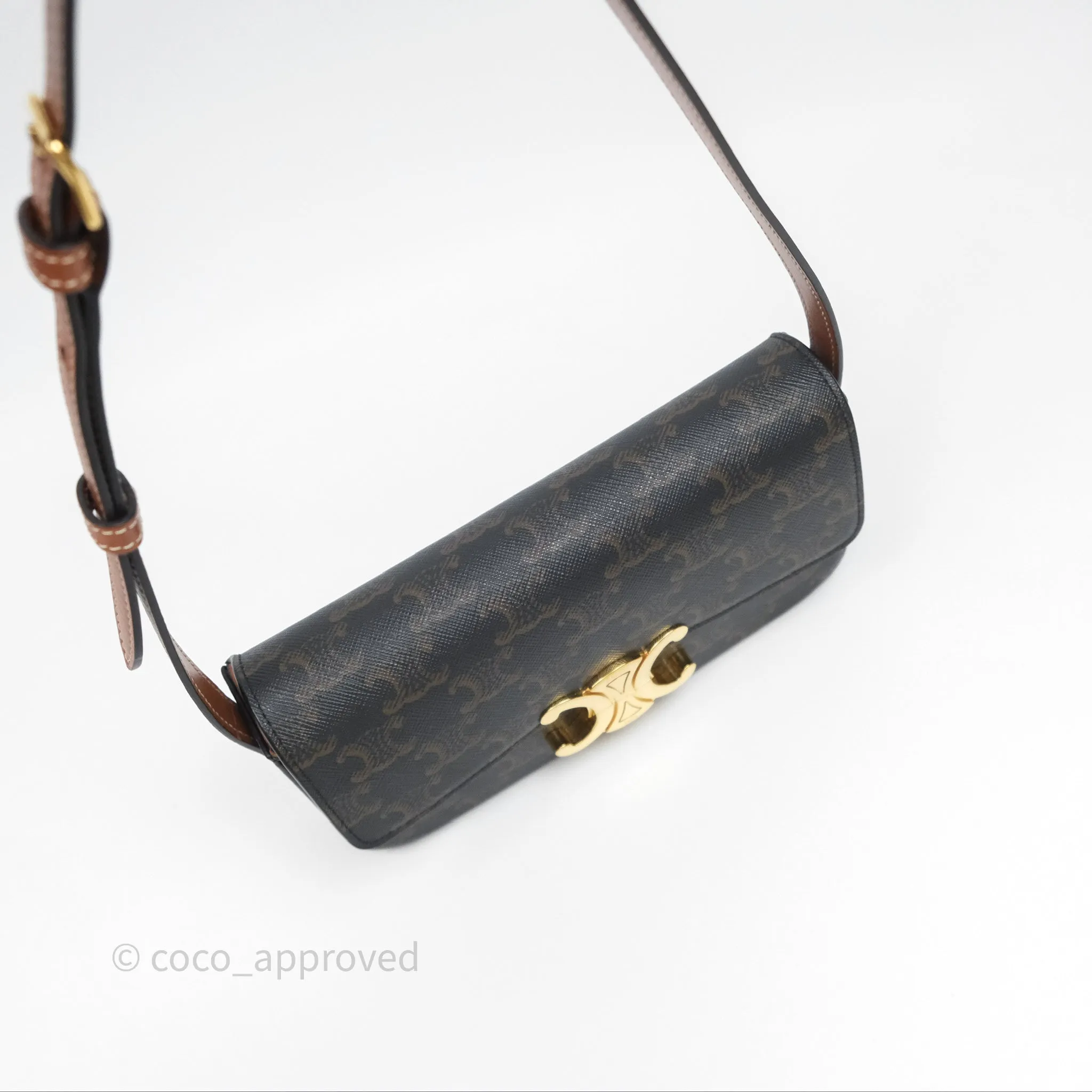 Celine Triomphe Shoulder Bag Tan Calfskin Triomphe Canvas