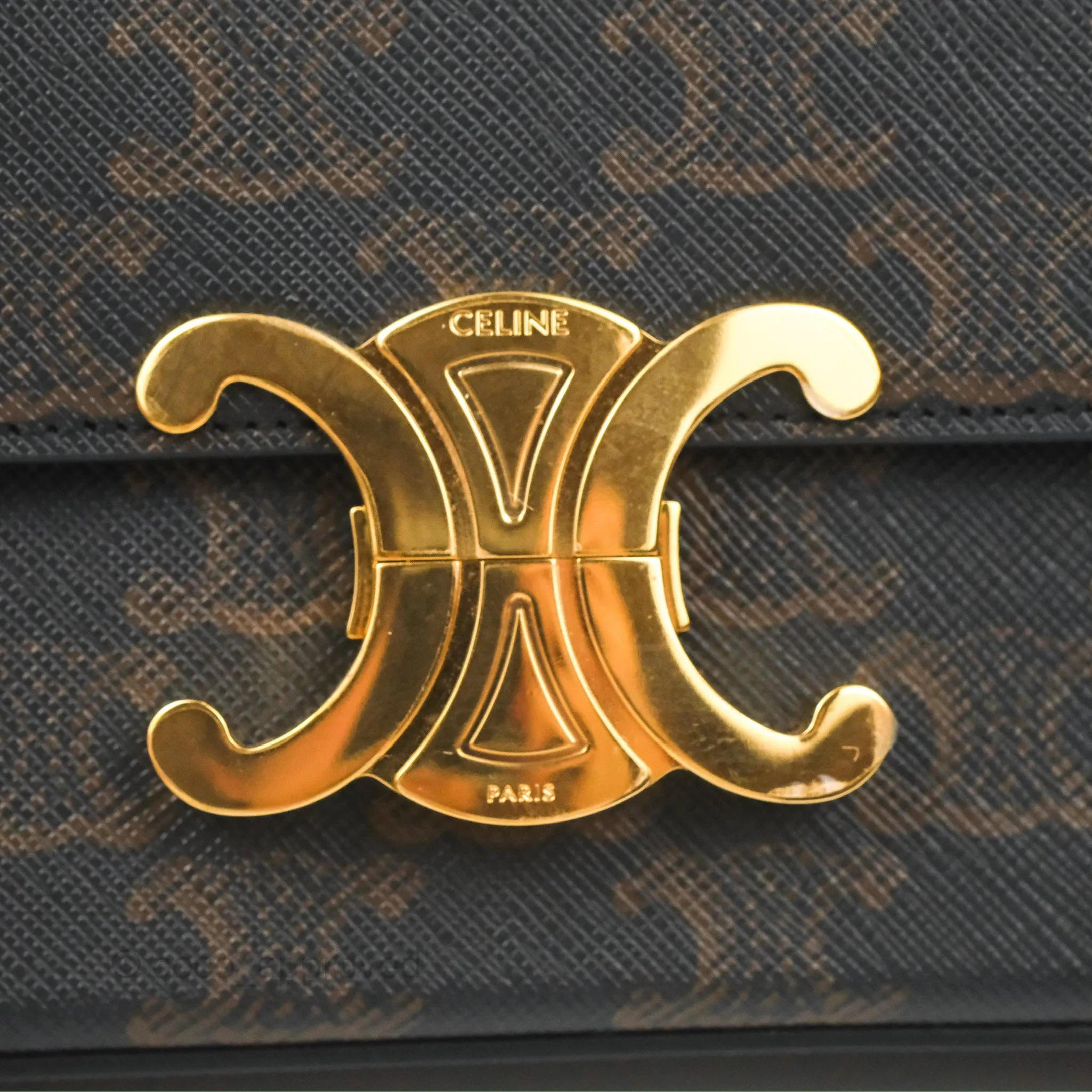 Celine Triomphe Shoulder Bag Tan Calfskin Triomphe Canvas