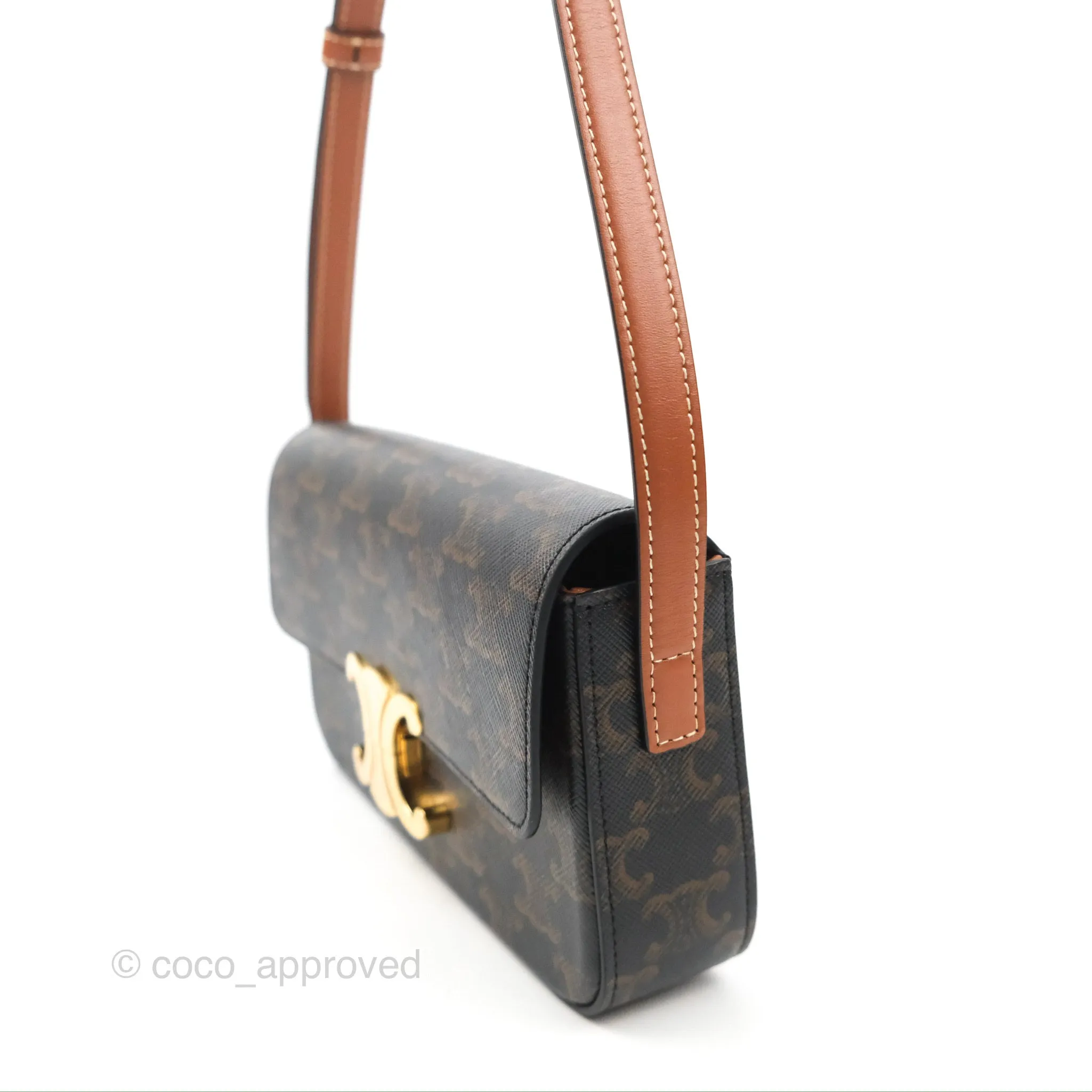 Celine Triomphe Shoulder Bag Tan Calfskin Triomphe Canvas