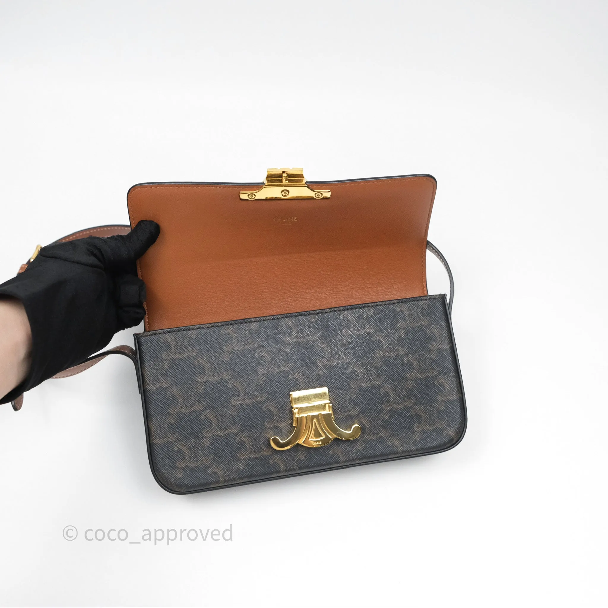 Celine Triomphe Shoulder Bag Tan Calfskin Triomphe Canvas