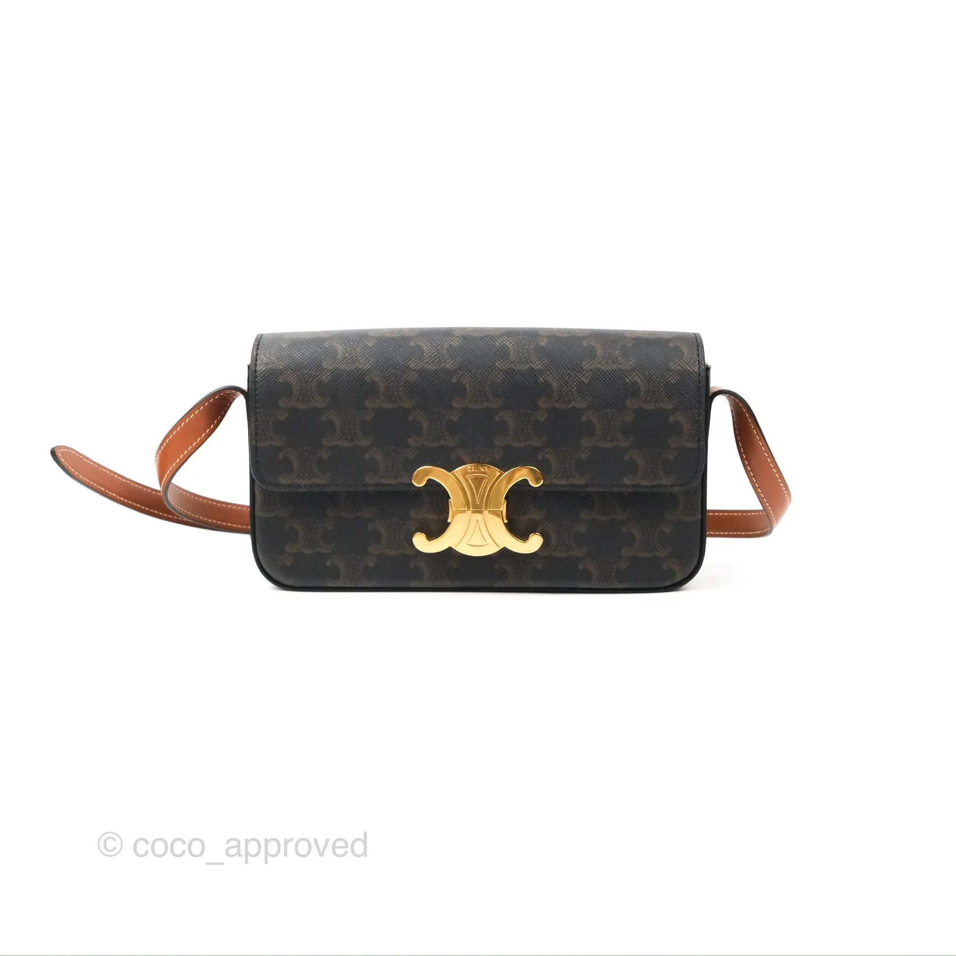 Celine Triomphe Shoulder Bag Tan Calfskin Triomphe Canvas