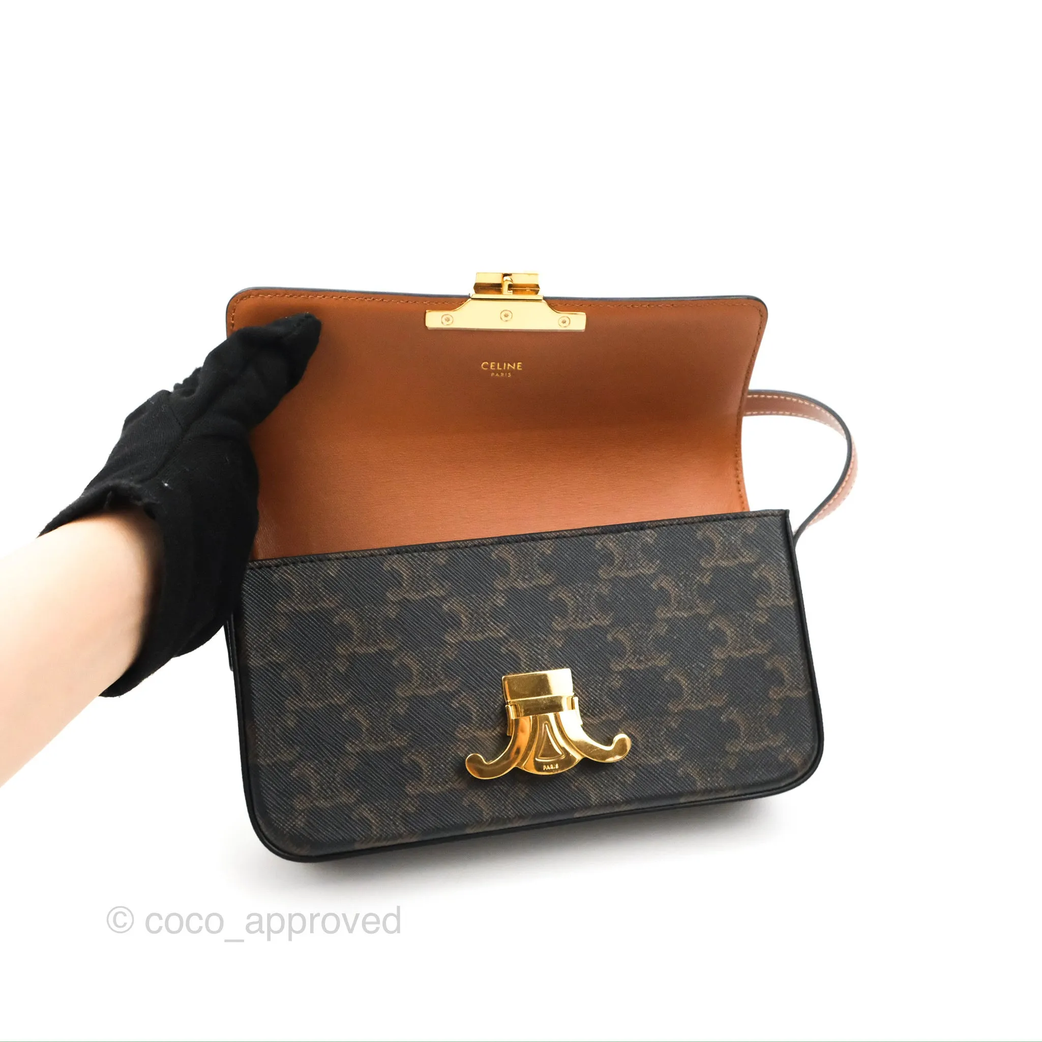 Celine Triomphe Shoulder Bag Tan Calfskin Triomphe Canvas
