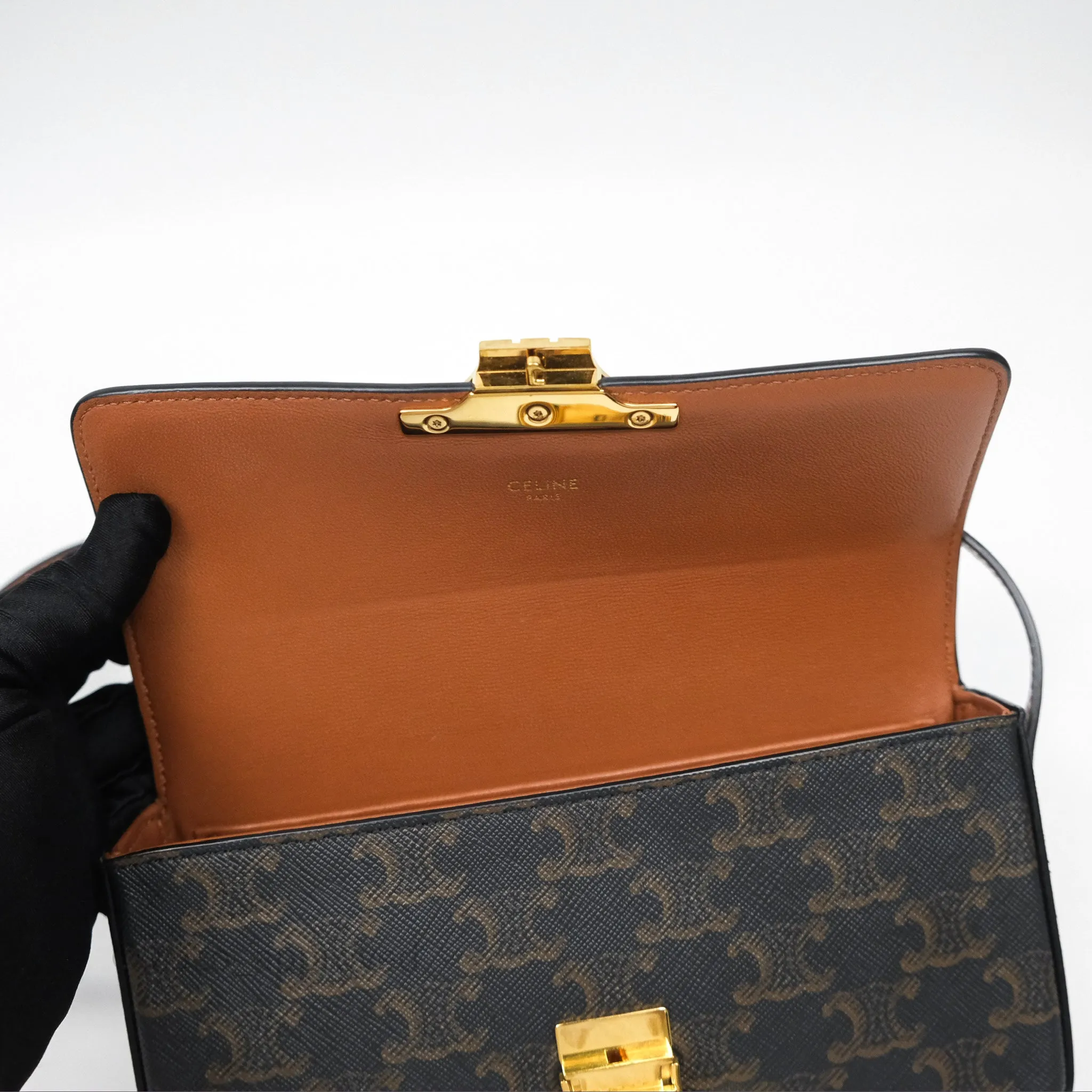 Celine Triomphe Shoulder Bag Tan Calfskin Triomphe Canvas