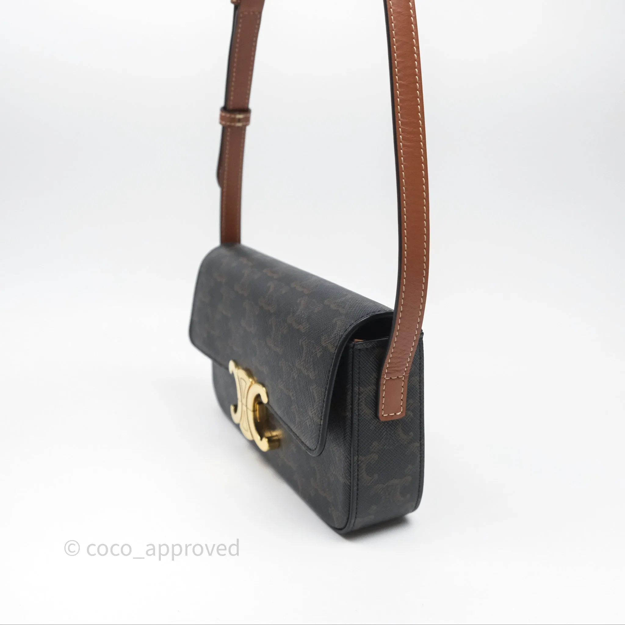 Celine Triomphe Shoulder Bag Tan Calfskin Triomphe Canvas