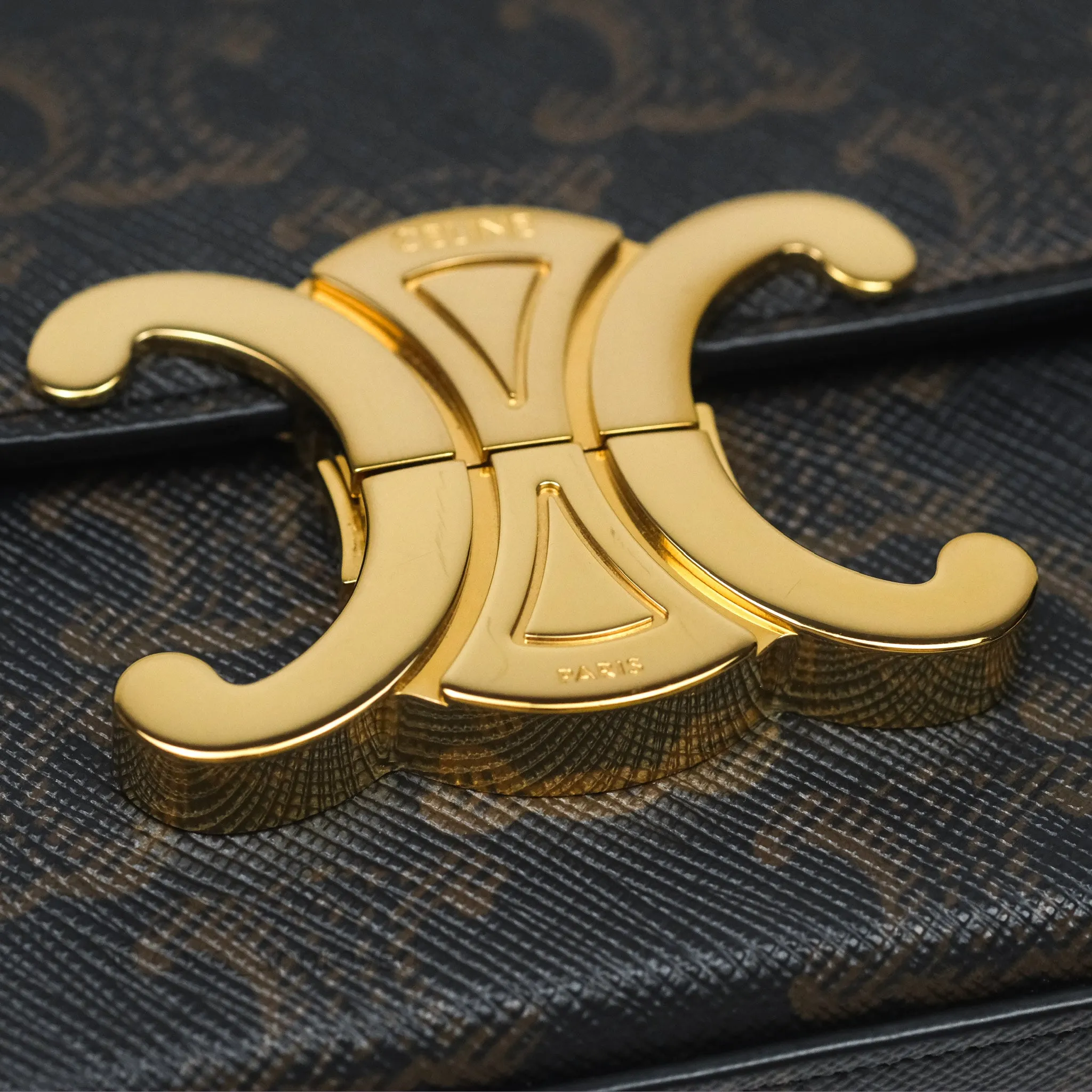 Celine Triomphe Shoulder Bag Tan Calfskin Triomphe Canvas