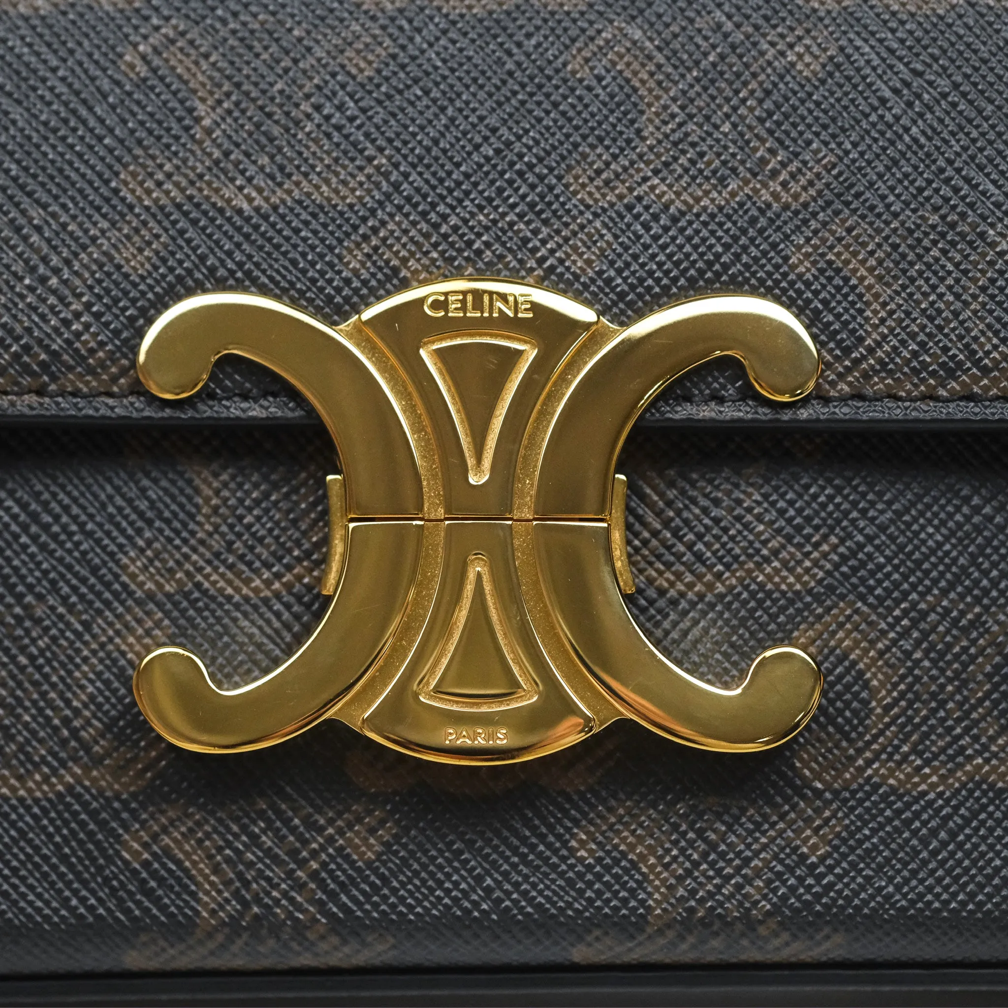 Celine Triomphe Shoulder Bag Tan Calfskin Triomphe Canvas