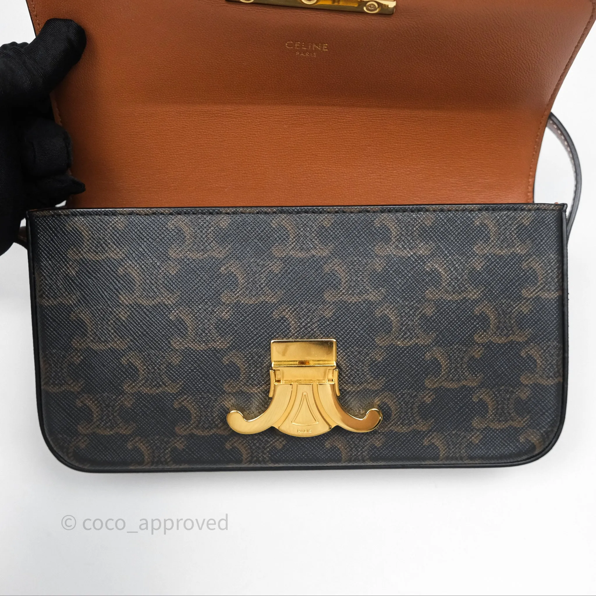 Celine Triomphe Shoulder Bag Tan Calfskin Triomphe Canvas