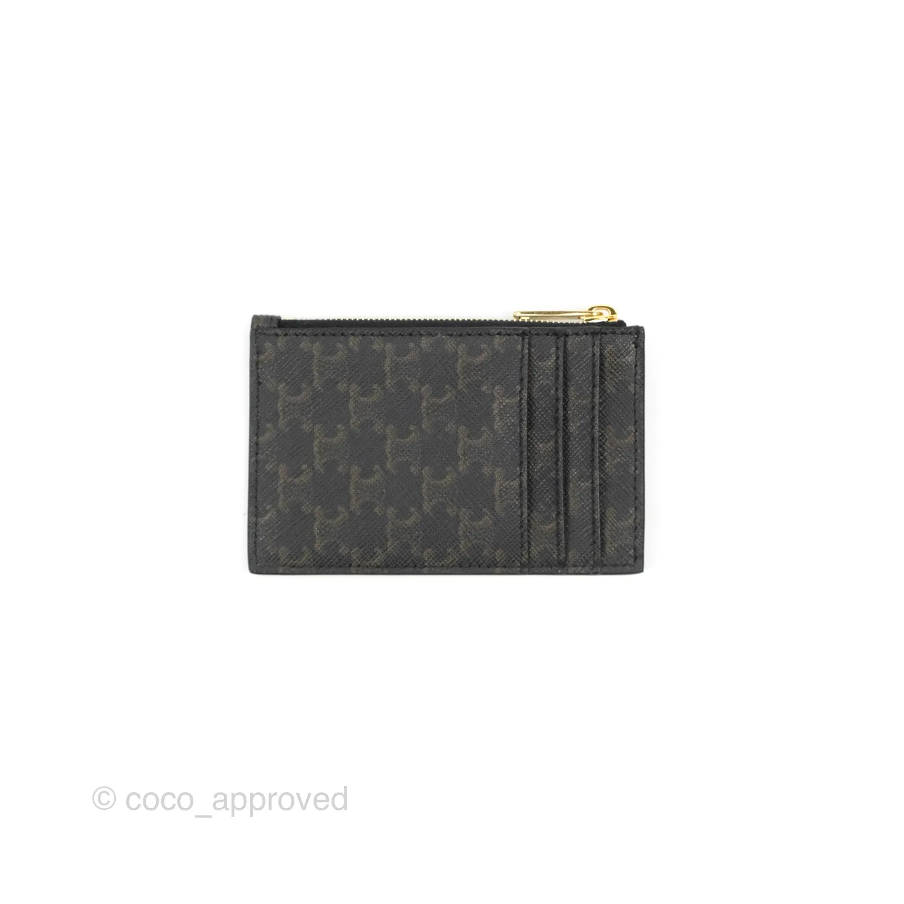 Celine Zipped Card Holder Triomphe Canvas Tan Lambskin