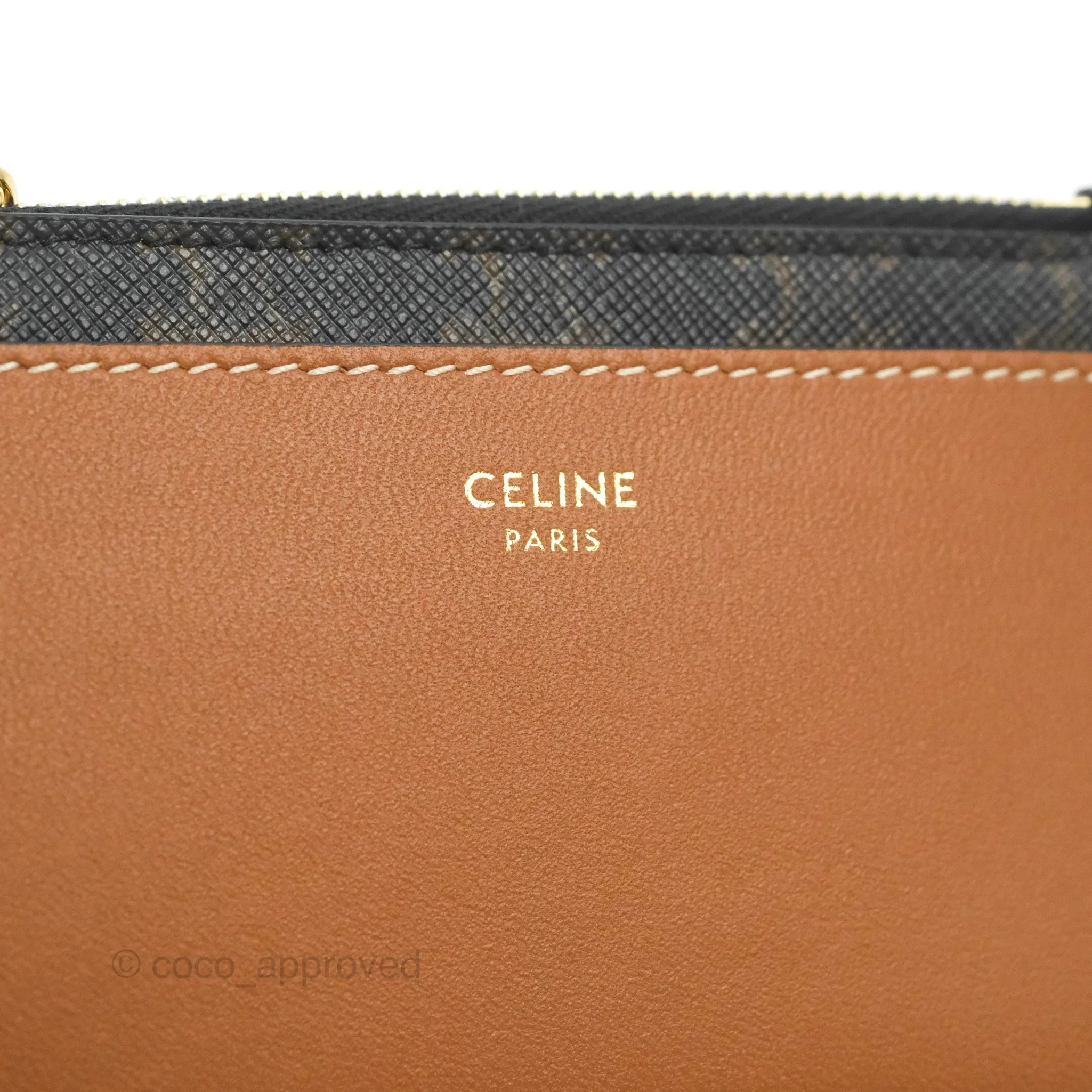 Celine Zipped Card Holder Triomphe Canvas Tan Lambskin