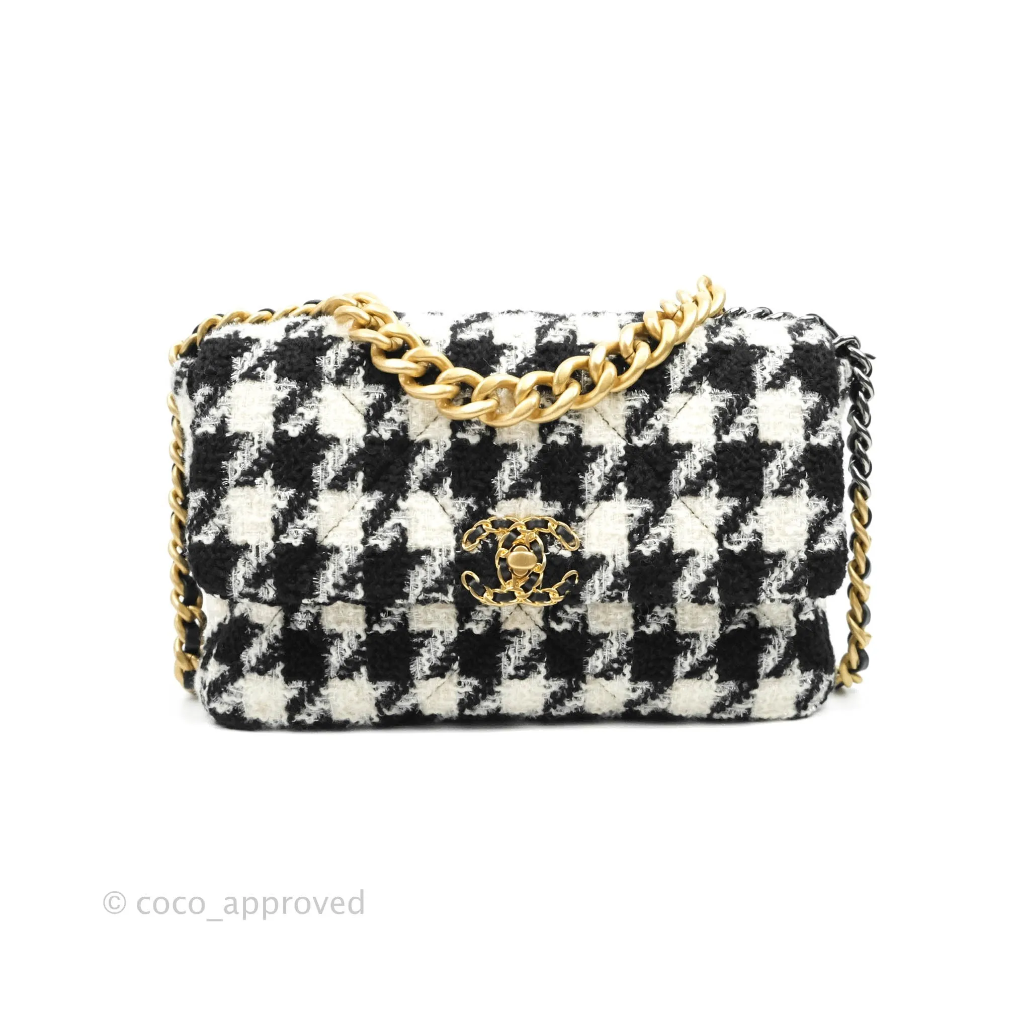 Chanel 19 Medium Tweed Houndstooth Black & White Mixed Hardware