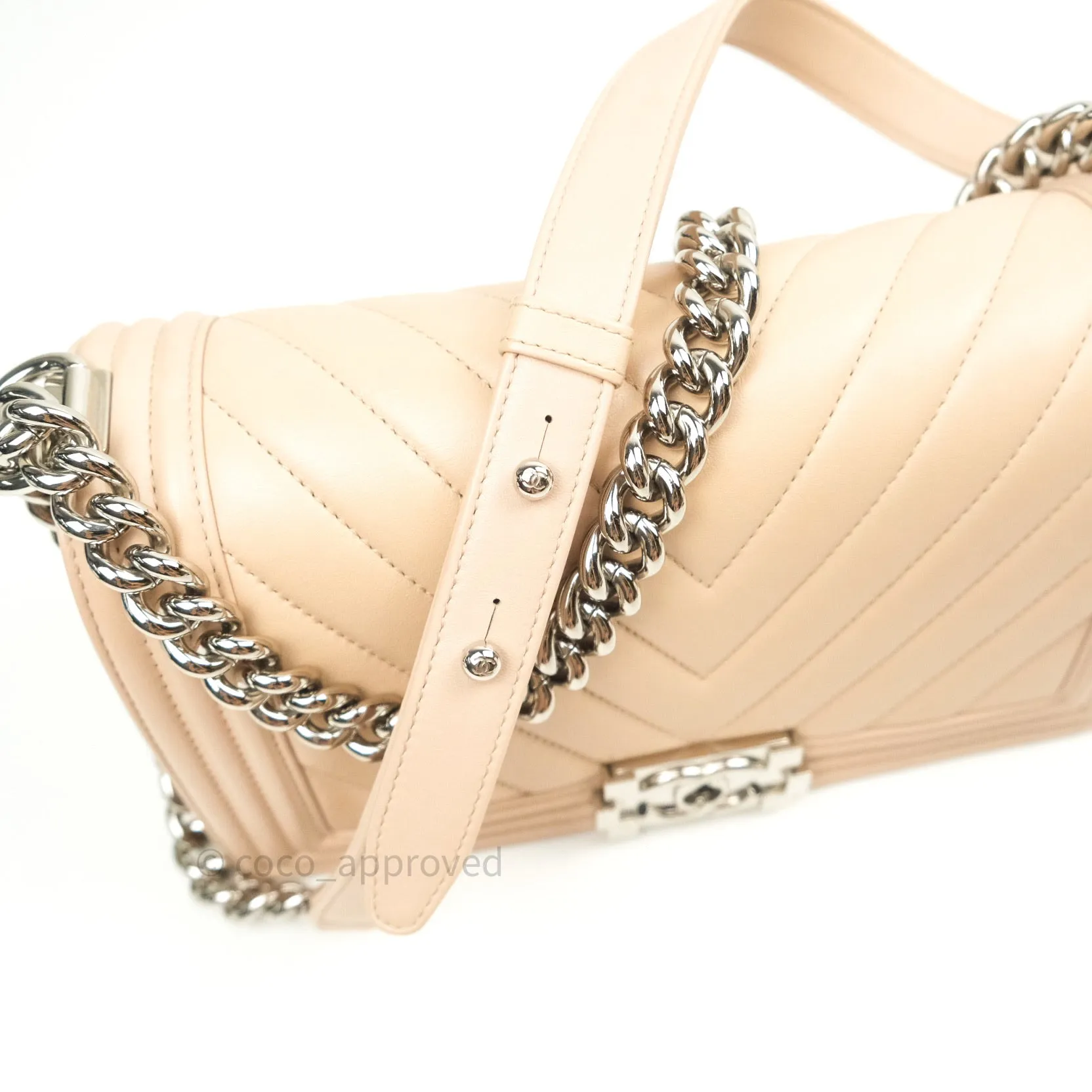 Chanel Boy Chevron Medium Beige Calfskin Silver Hardware