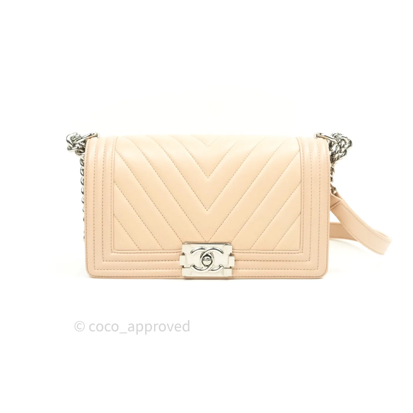 Chanel Boy Chevron Medium Beige Calfskin Silver Hardware