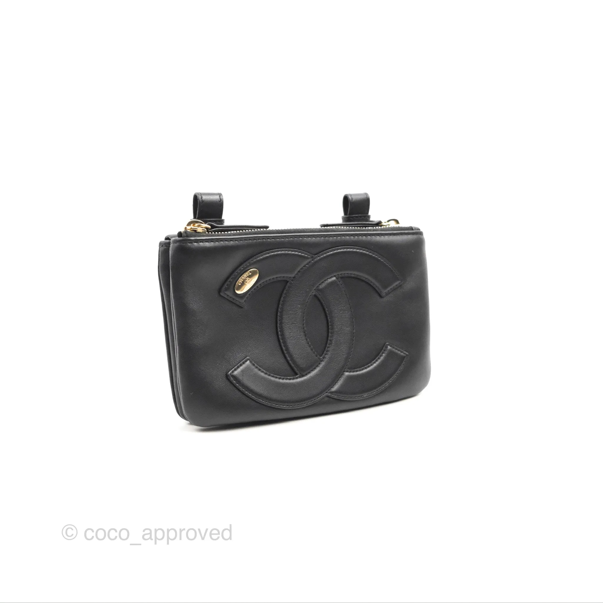 Chanel CC Mania Waist Belt Bag Black Lambskin Gold Hardware