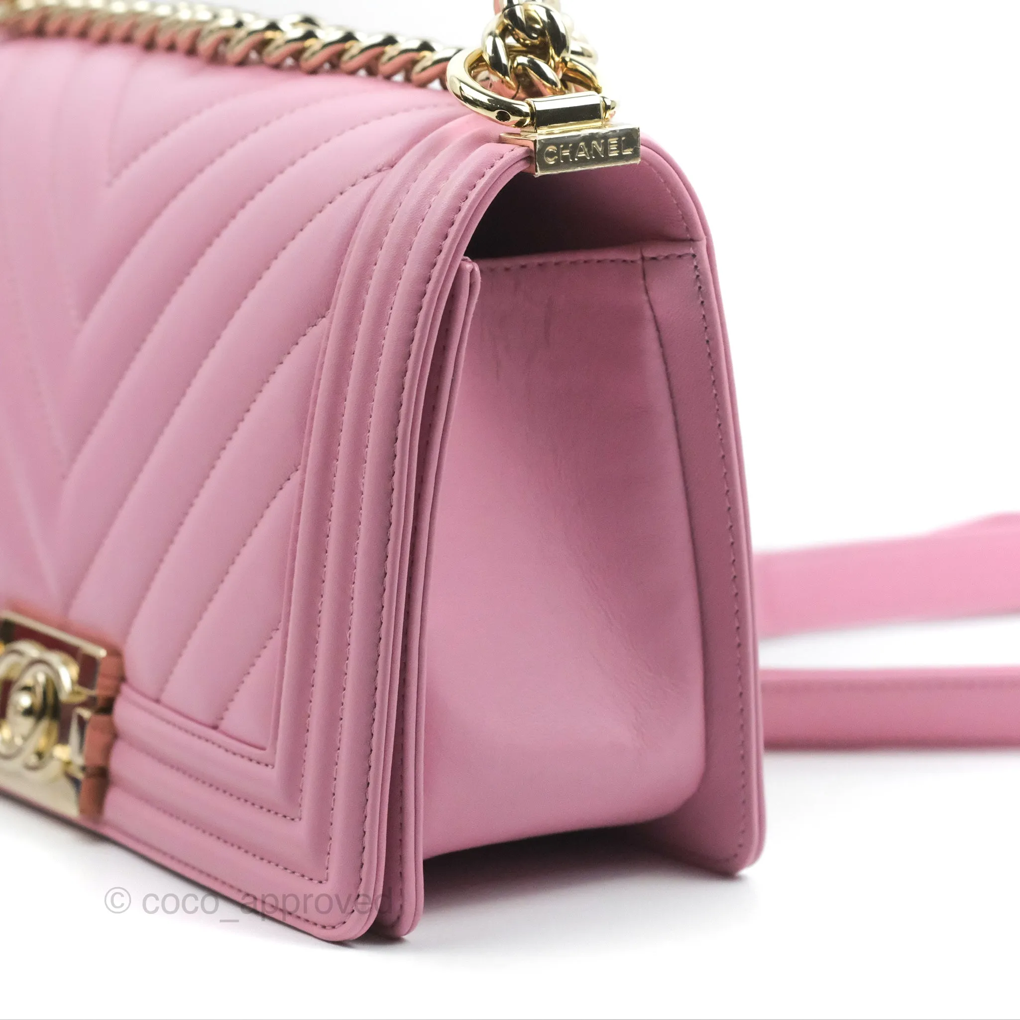 Chanel Chevron Medium Boy Pink Calfskin Gold Hardware