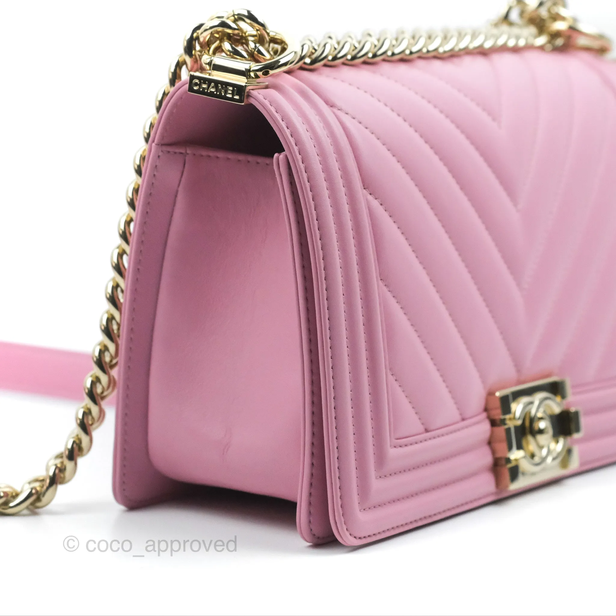 Chanel Chevron Medium Boy Pink Calfskin Gold Hardware