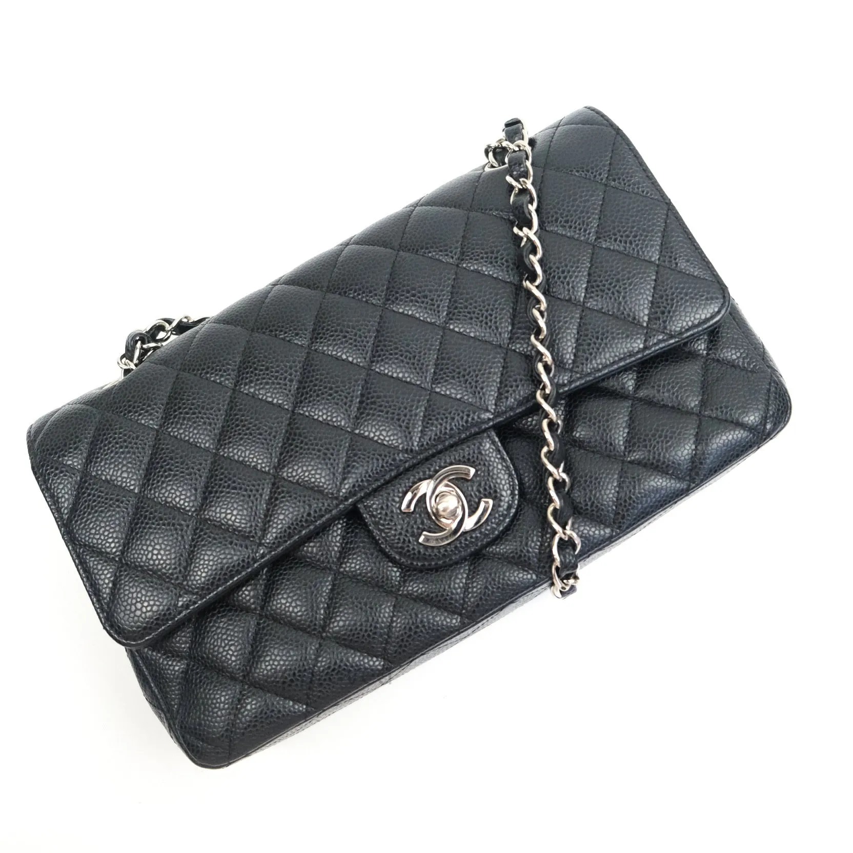Chanel Classic M/L Medium Double Flap Bag Black Caviar Silver Hardware