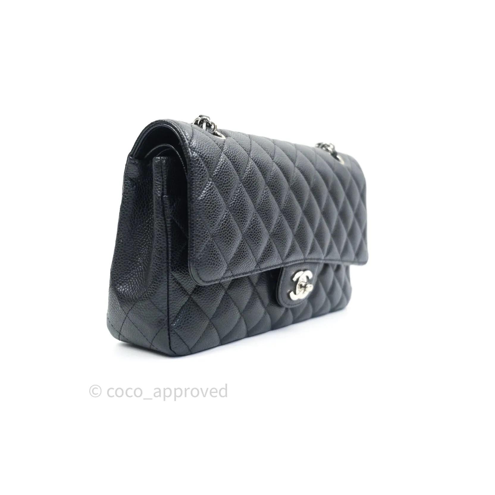 Chanel Classic M/L Medium Double Flap Bag Black Caviar Silver Hardware