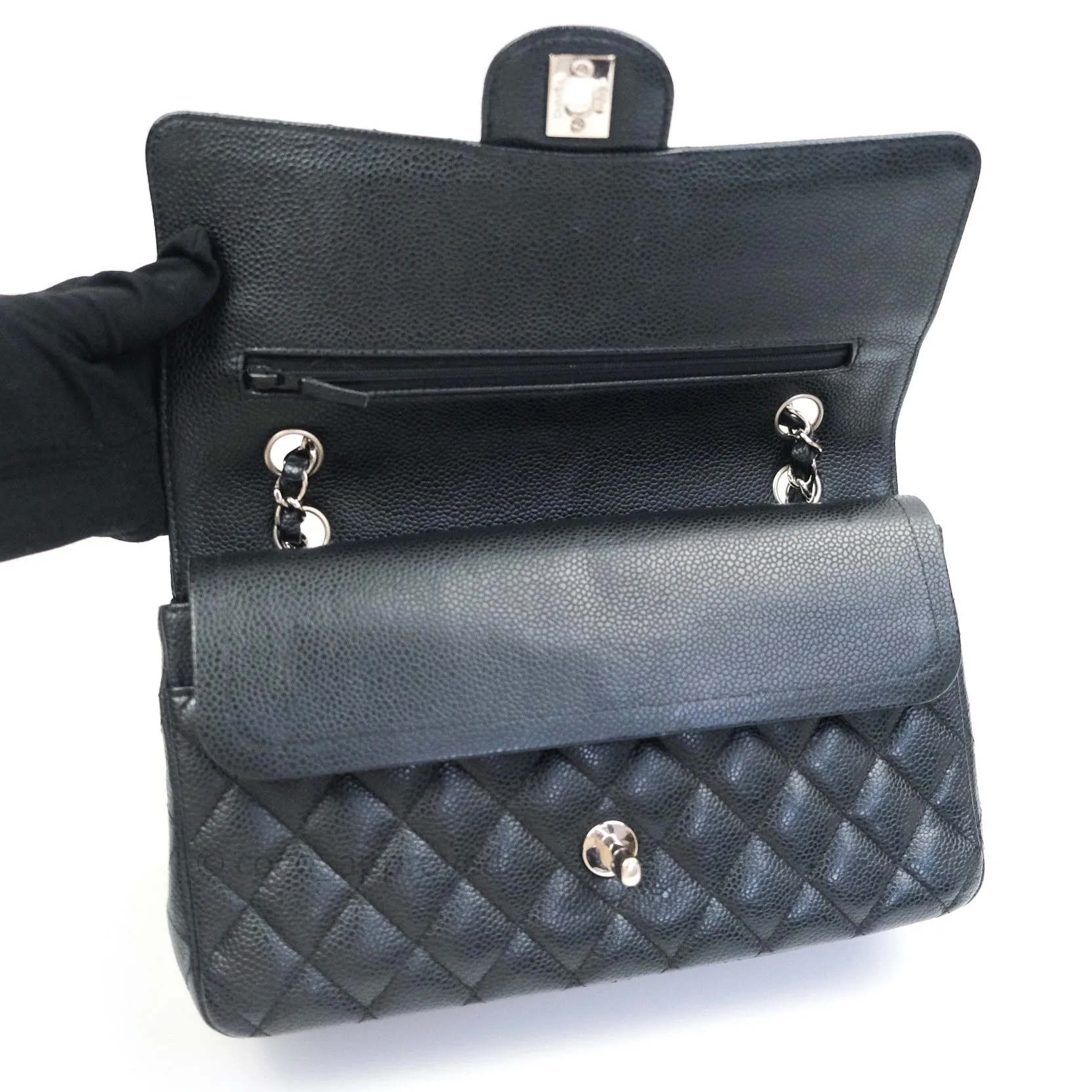 Chanel Classic M/L Medium Double Flap Bag Black Caviar Silver Hardware