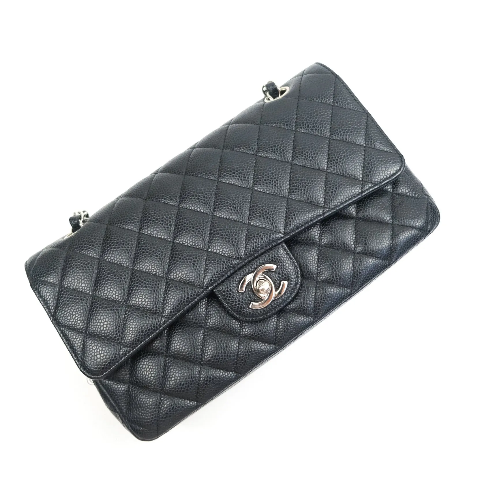 Chanel Classic M/L Medium Double Flap Bag Black Caviar Silver Hardware