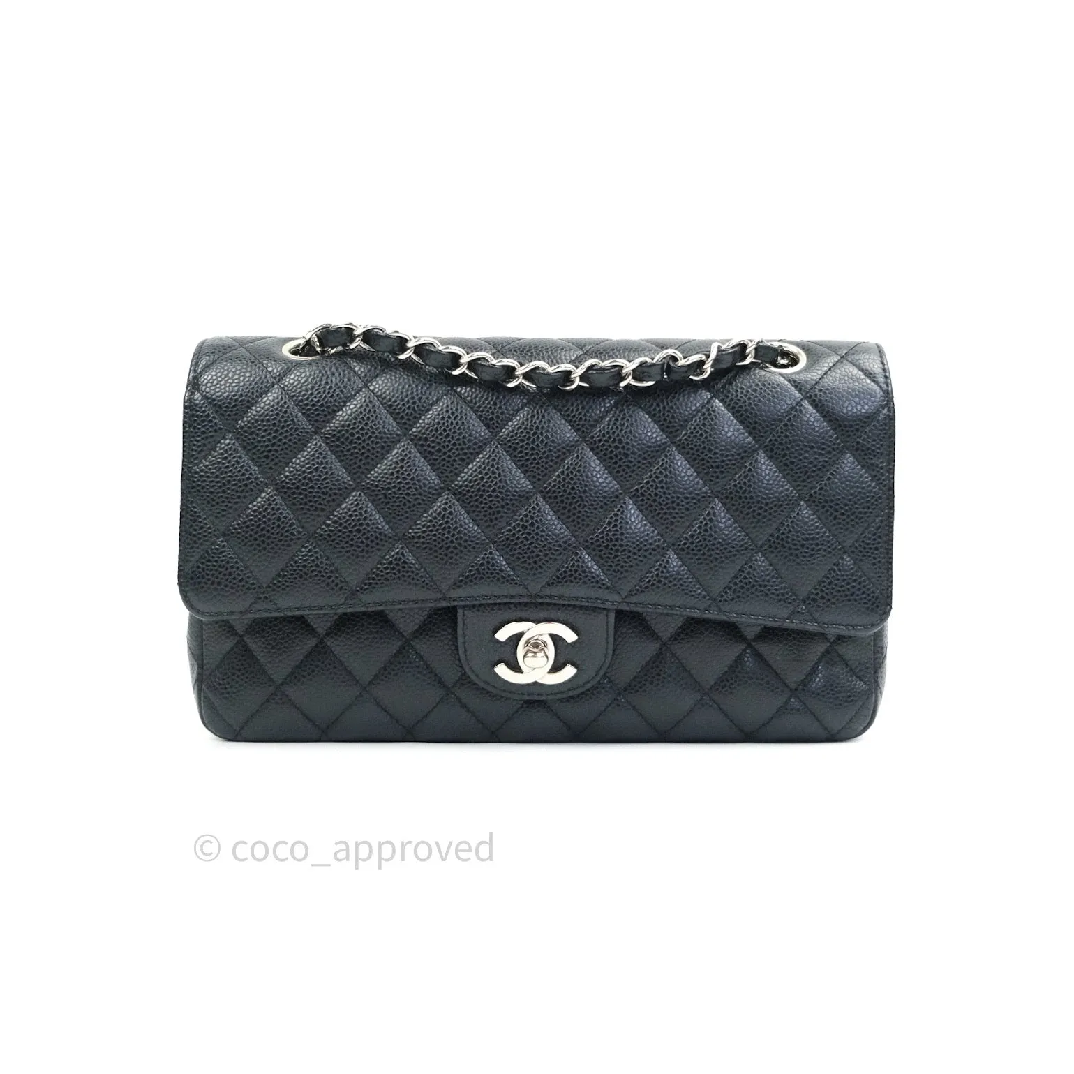 Chanel Classic M/L Medium Double Flap Bag Black Caviar Silver Hardware