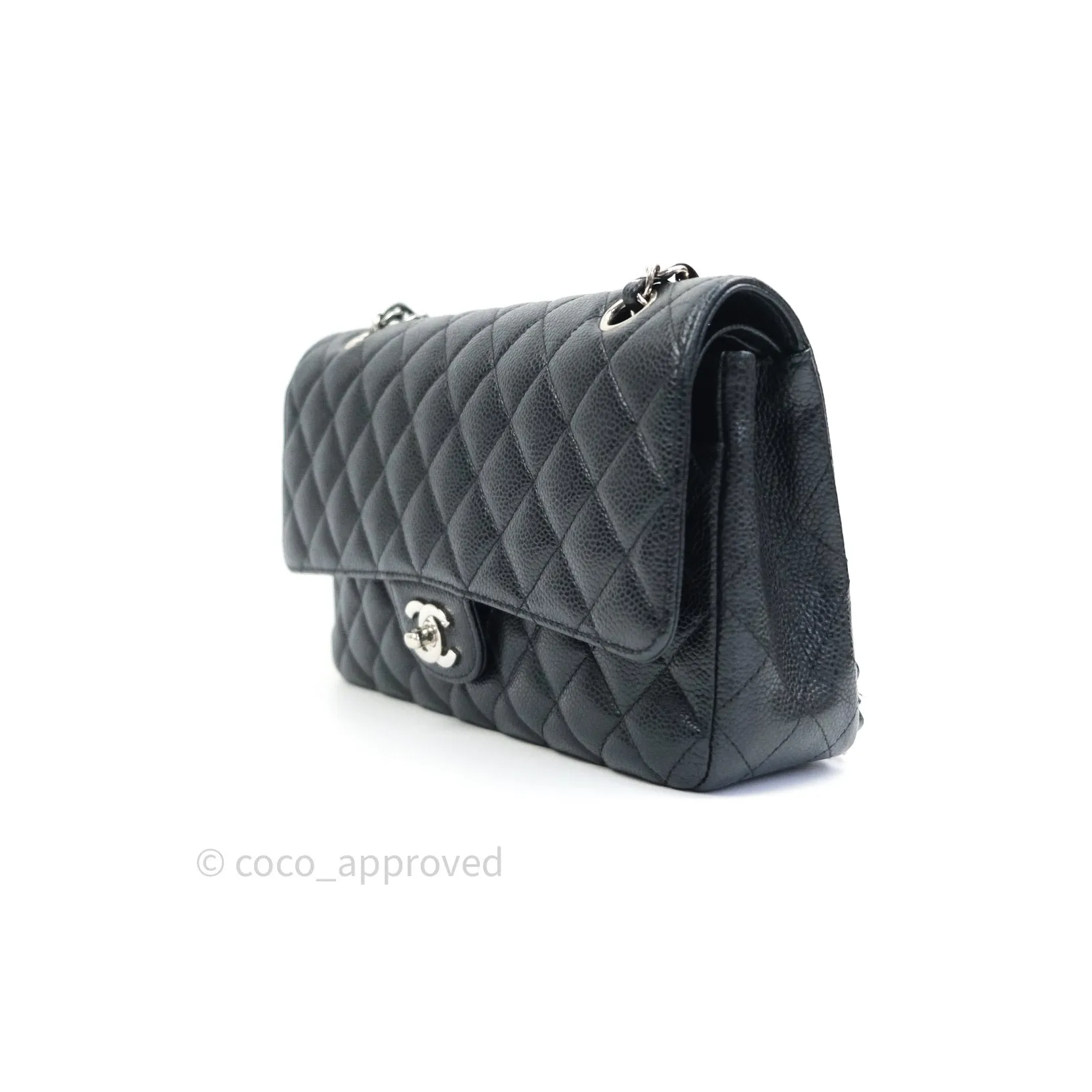 Chanel Classic M/L Medium Double Flap Bag Black Caviar Silver Hardware
