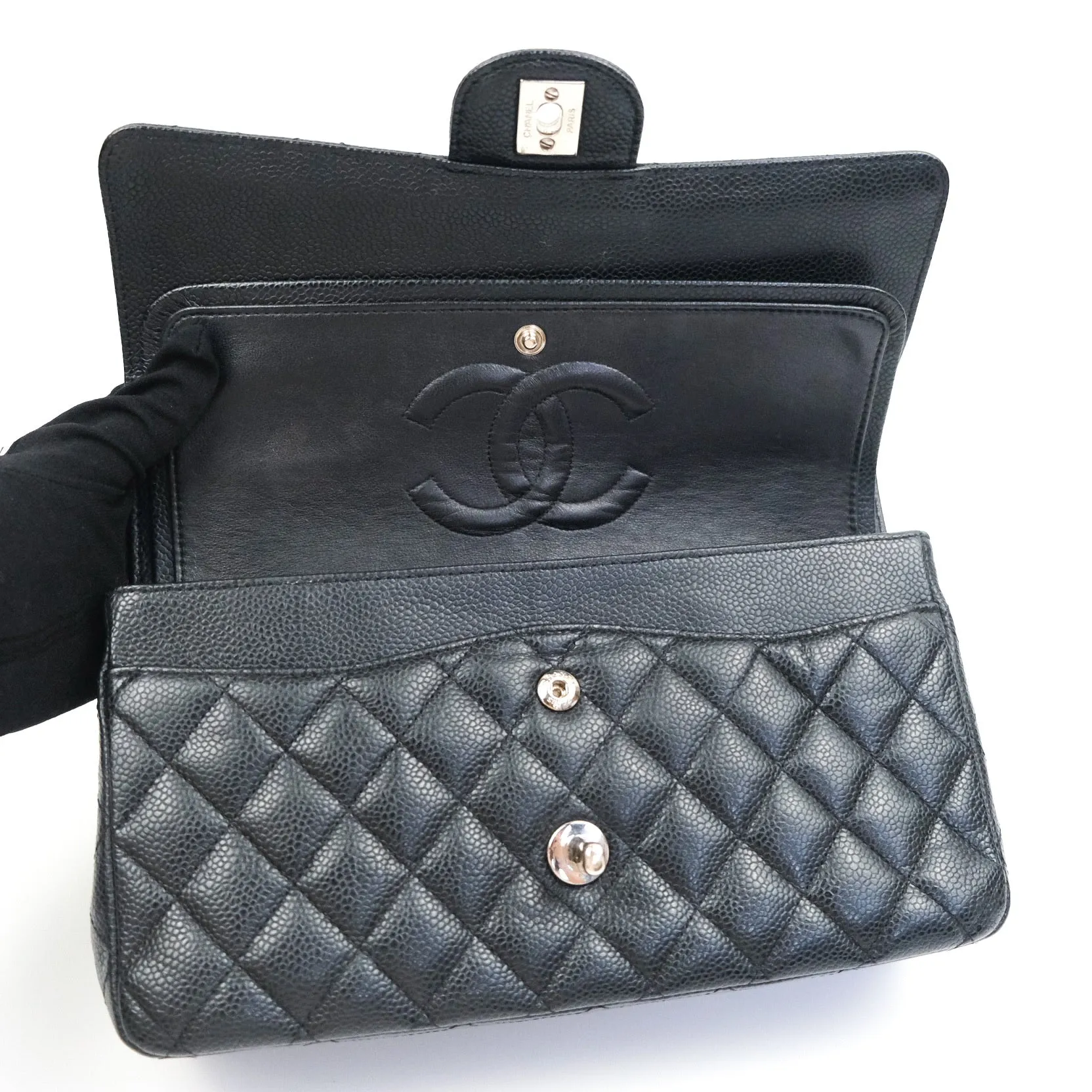 Chanel Classic M/L Medium Double Flap Bag Black Caviar Silver Hardware