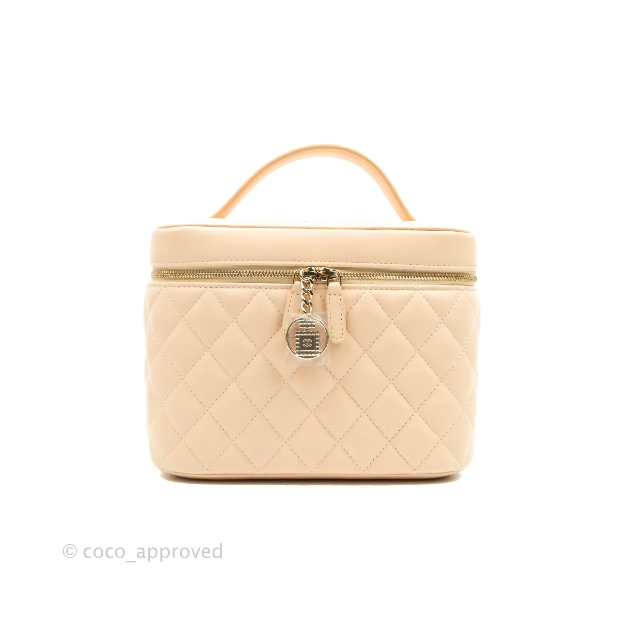 Chanel Classic Vanity Pouch with Handle Light Beige Lambskin Gold Hardware