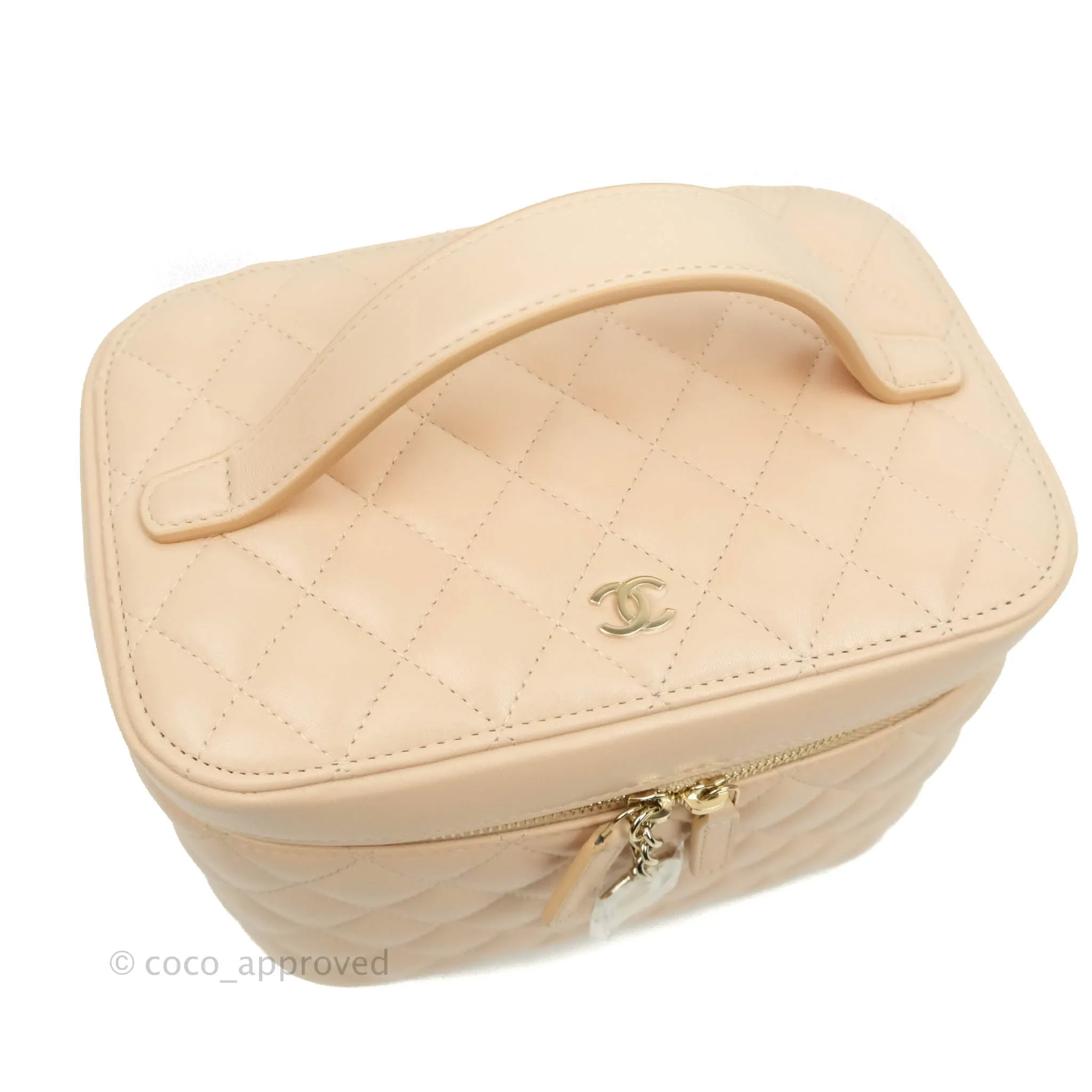 Chanel Classic Vanity Pouch with Handle Light Beige Lambskin Gold Hardware