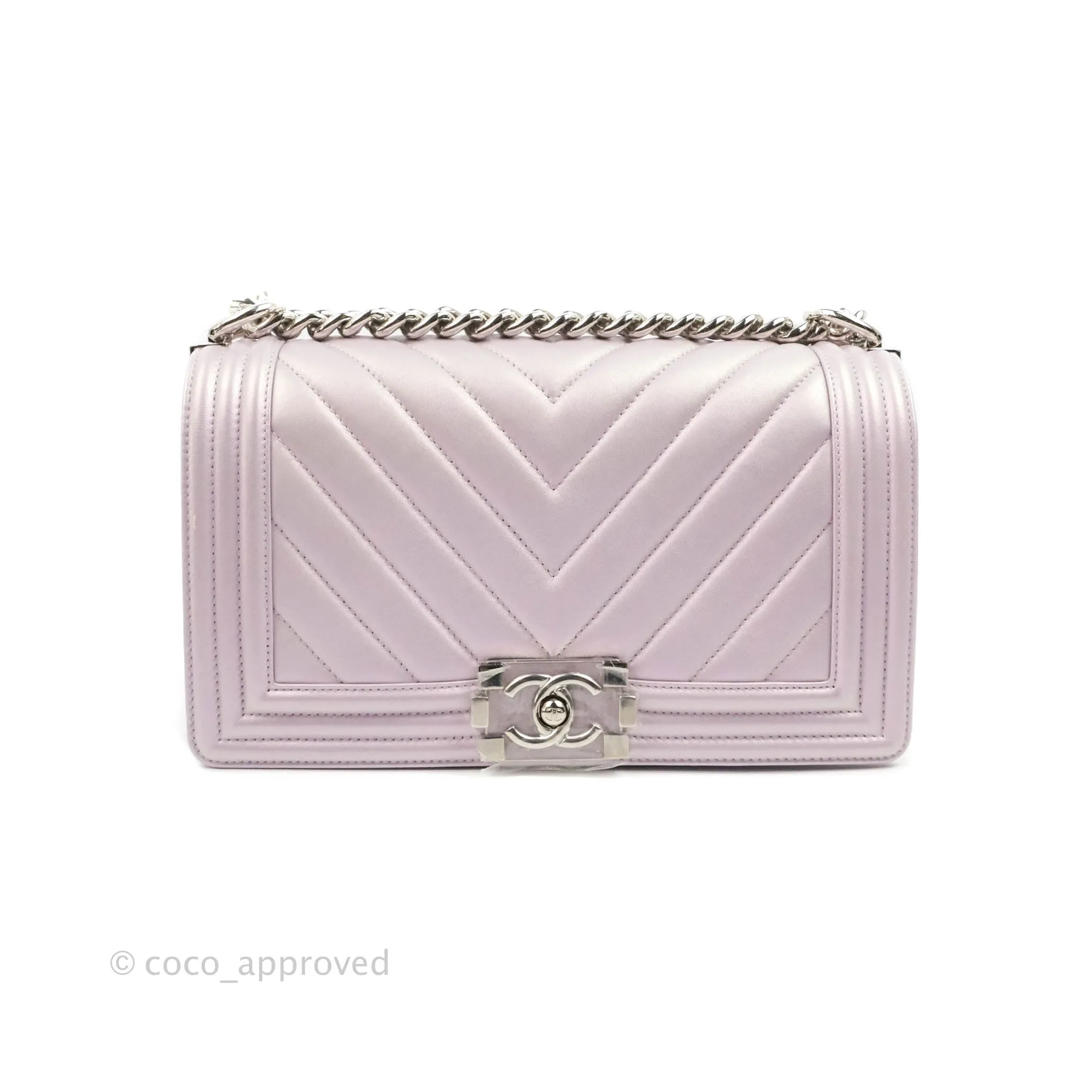 Chanel Medium Boy Chevron Iridescent Lilac Calfskin Silver Hardware