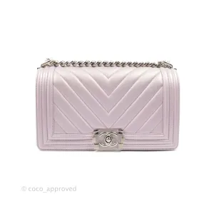 Chanel Medium Boy Chevron Iridescent Lilac Calfskin Silver Hardware