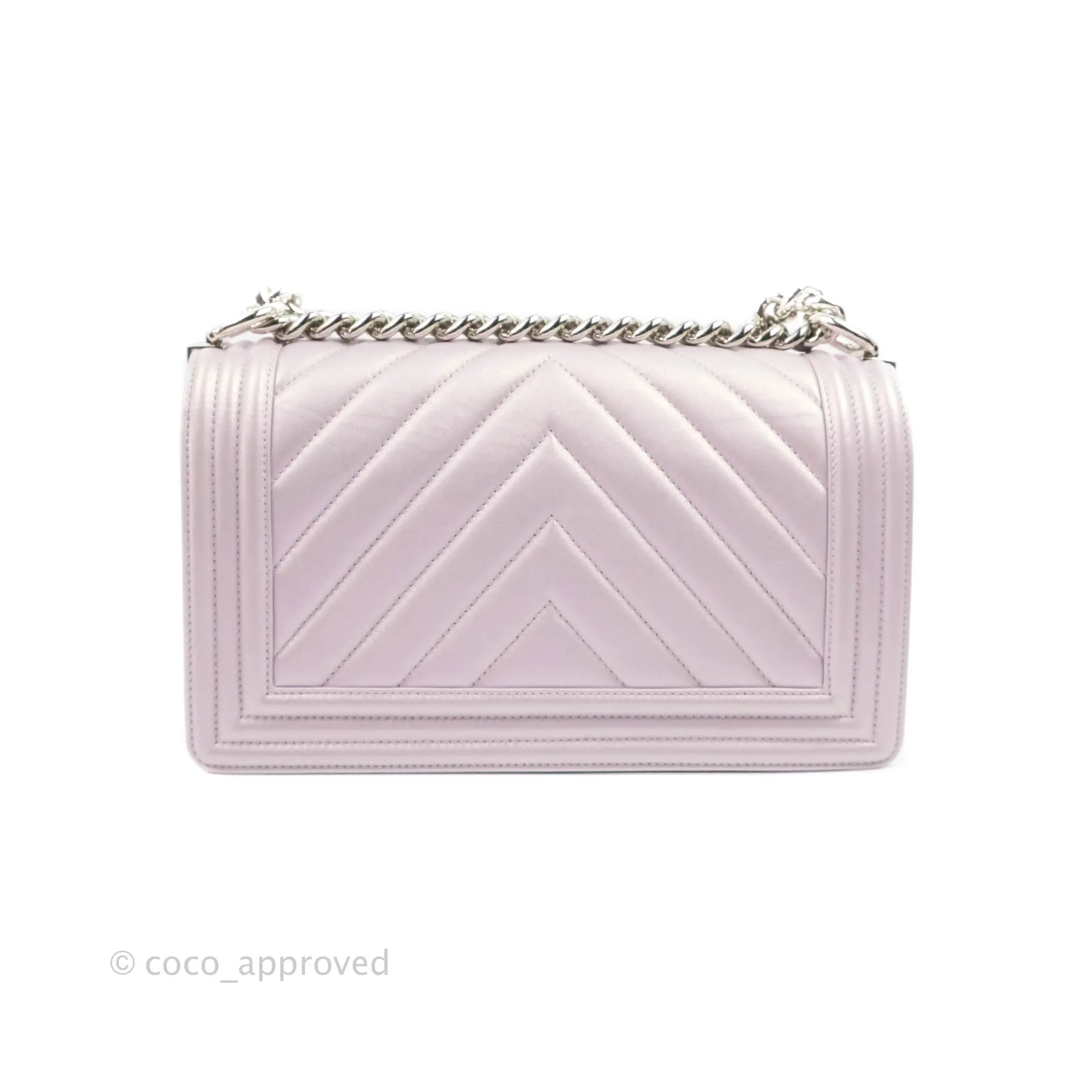 Chanel Medium Boy Chevron Iridescent Lilac Calfskin Silver Hardware