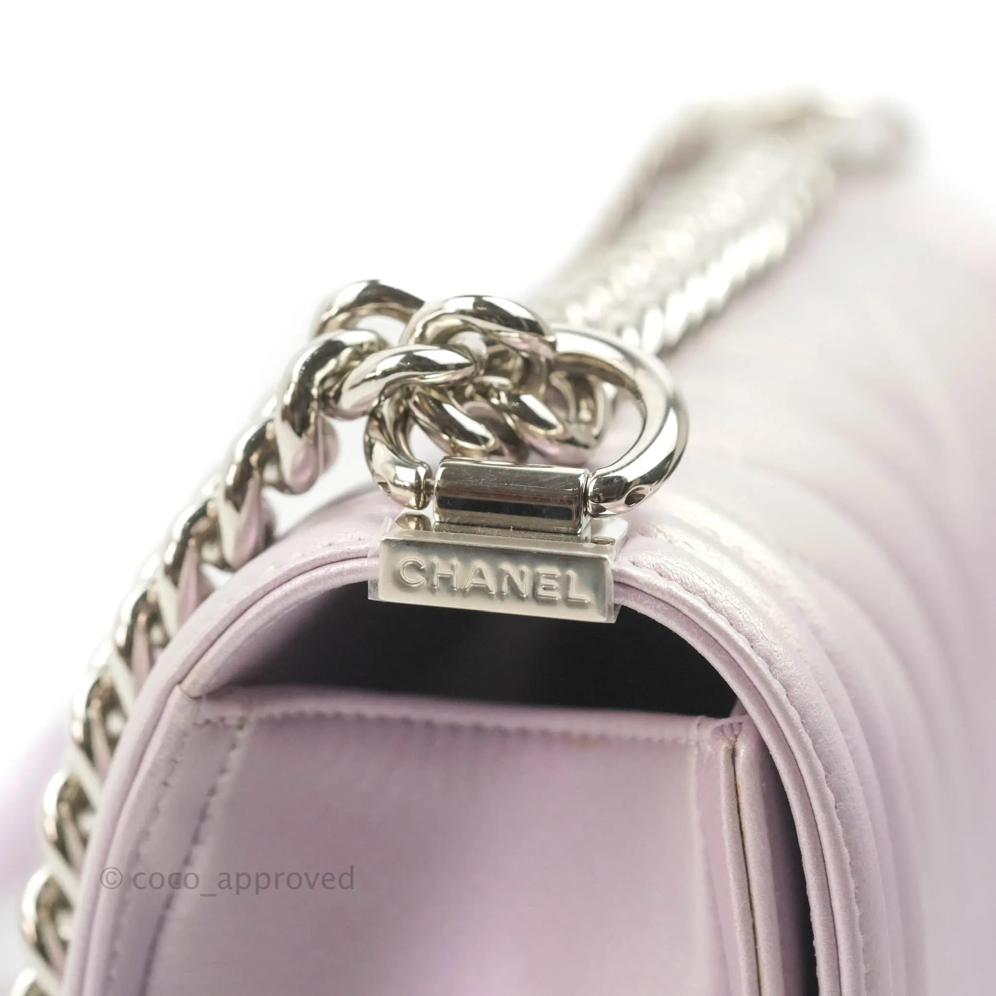 Chanel Medium Boy Chevron Iridescent Lilac Calfskin Silver Hardware