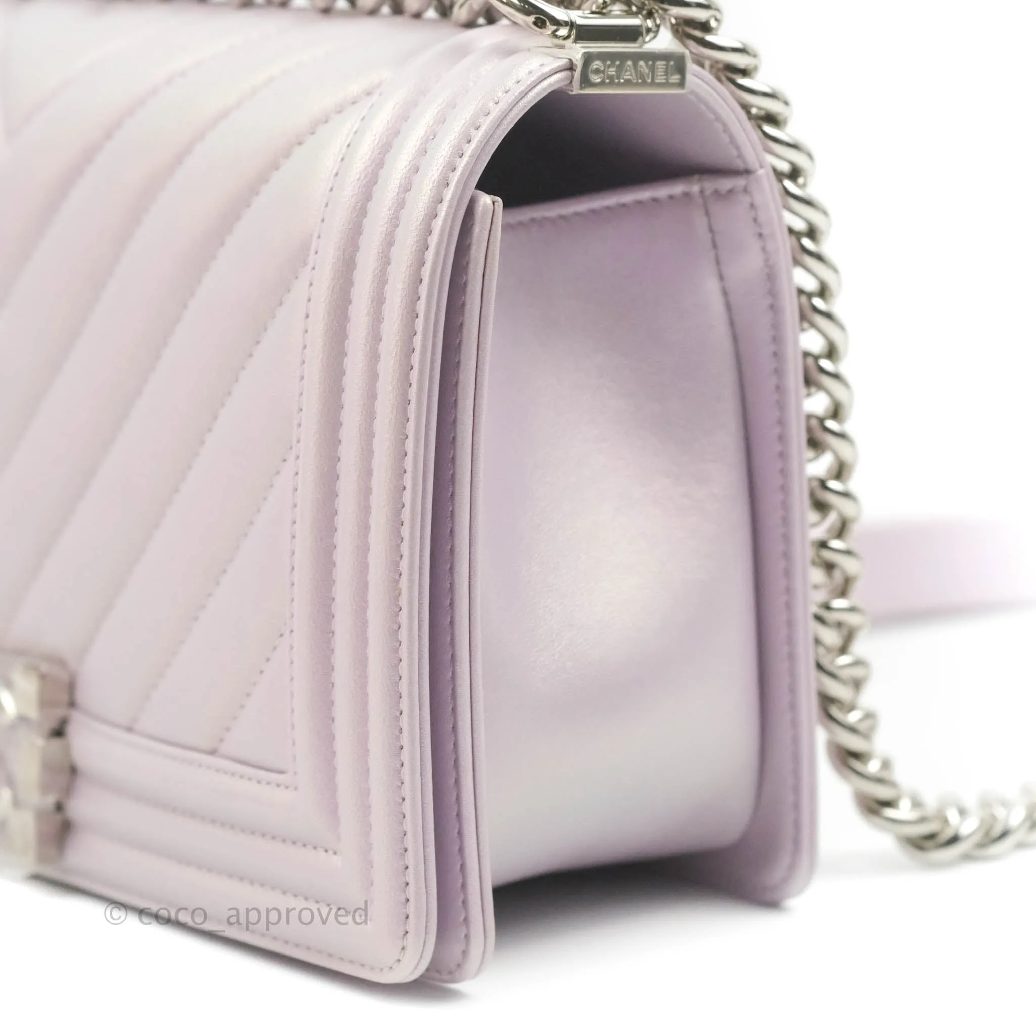 Chanel Medium Boy Chevron Iridescent Lilac Calfskin Silver Hardware