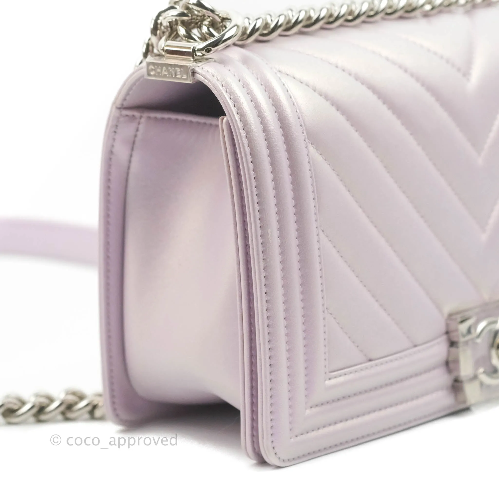 Chanel Medium Boy Chevron Iridescent Lilac Calfskin Silver Hardware