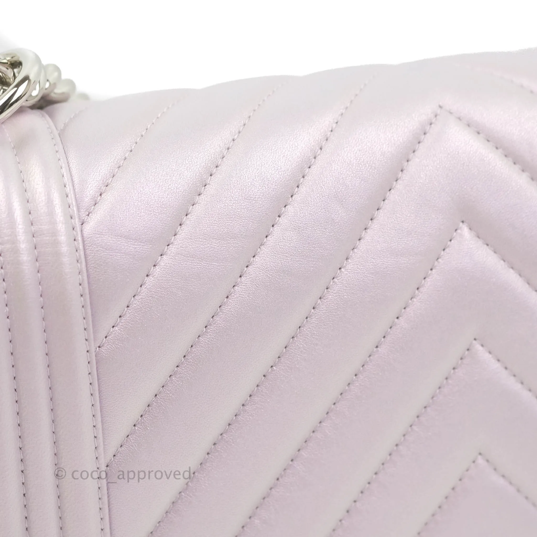 Chanel Medium Boy Chevron Iridescent Lilac Calfskin Silver Hardware