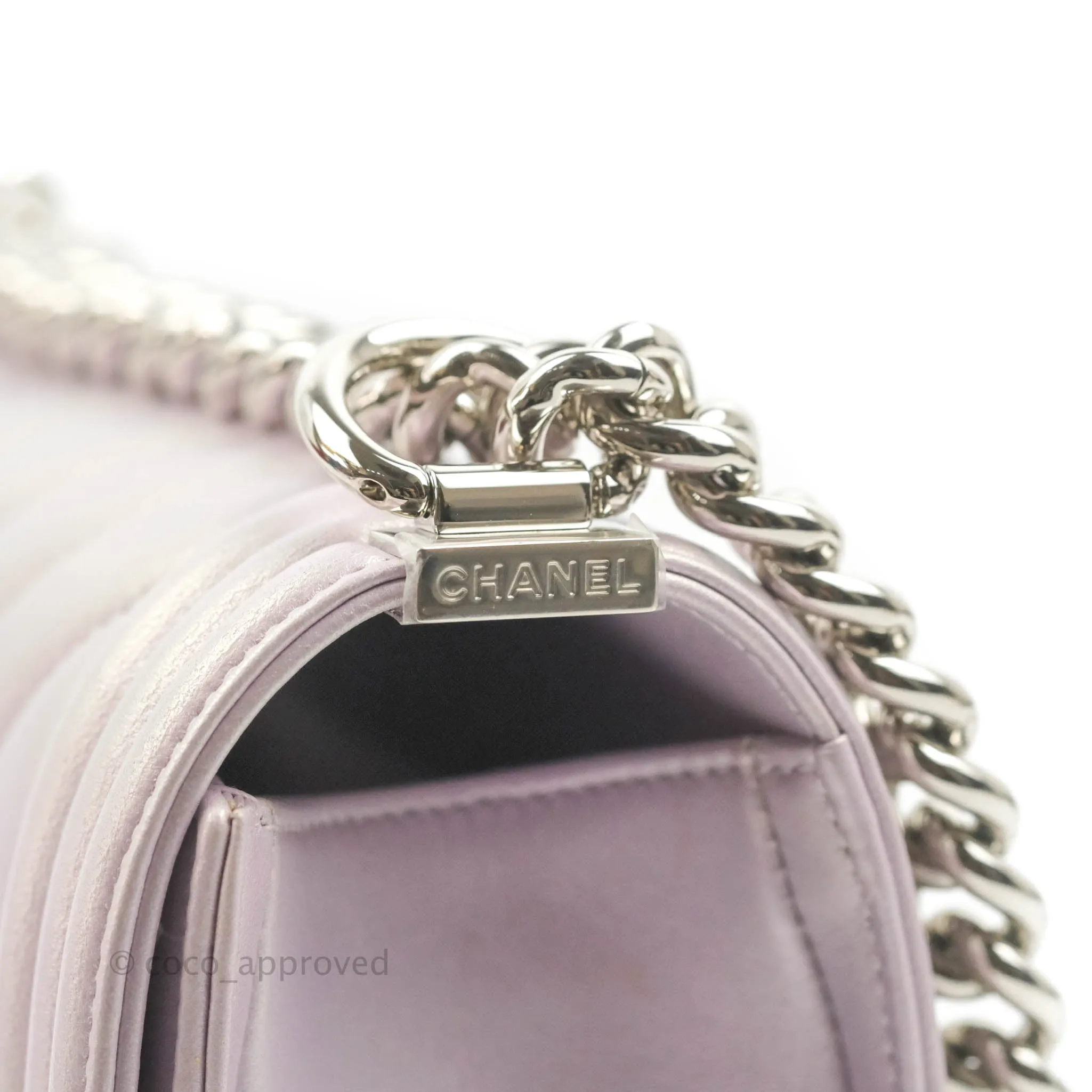 Chanel Medium Boy Chevron Iridescent Lilac Calfskin Silver Hardware