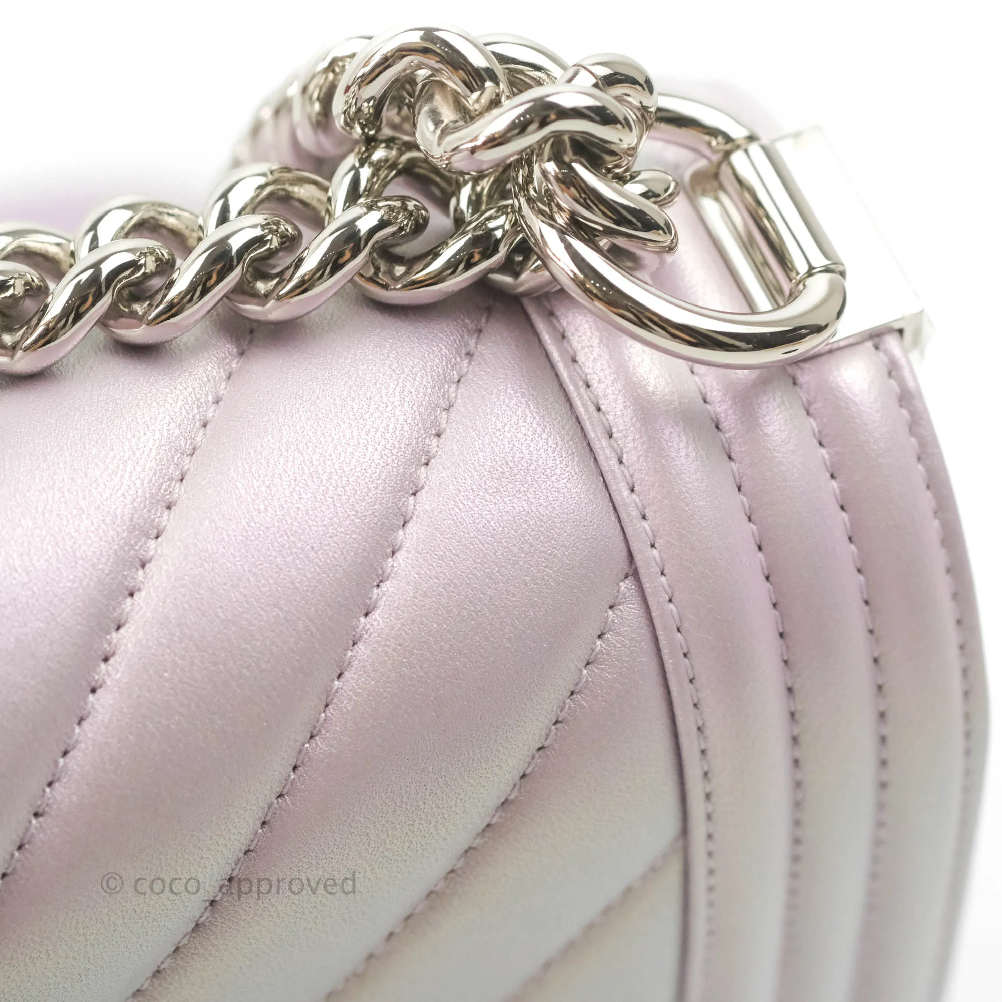 Chanel Medium Boy Chevron Iridescent Lilac Calfskin Silver Hardware
