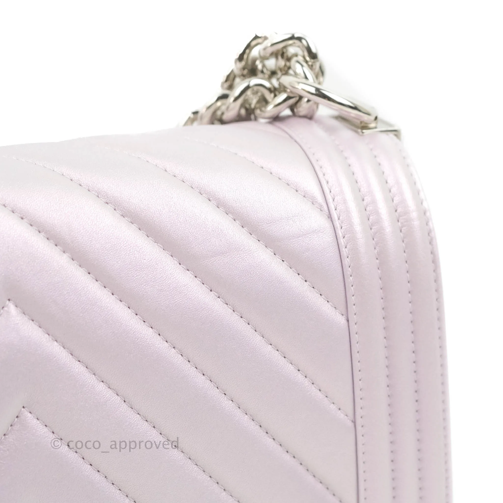 Chanel Medium Boy Chevron Iridescent Lilac Calfskin Silver Hardware