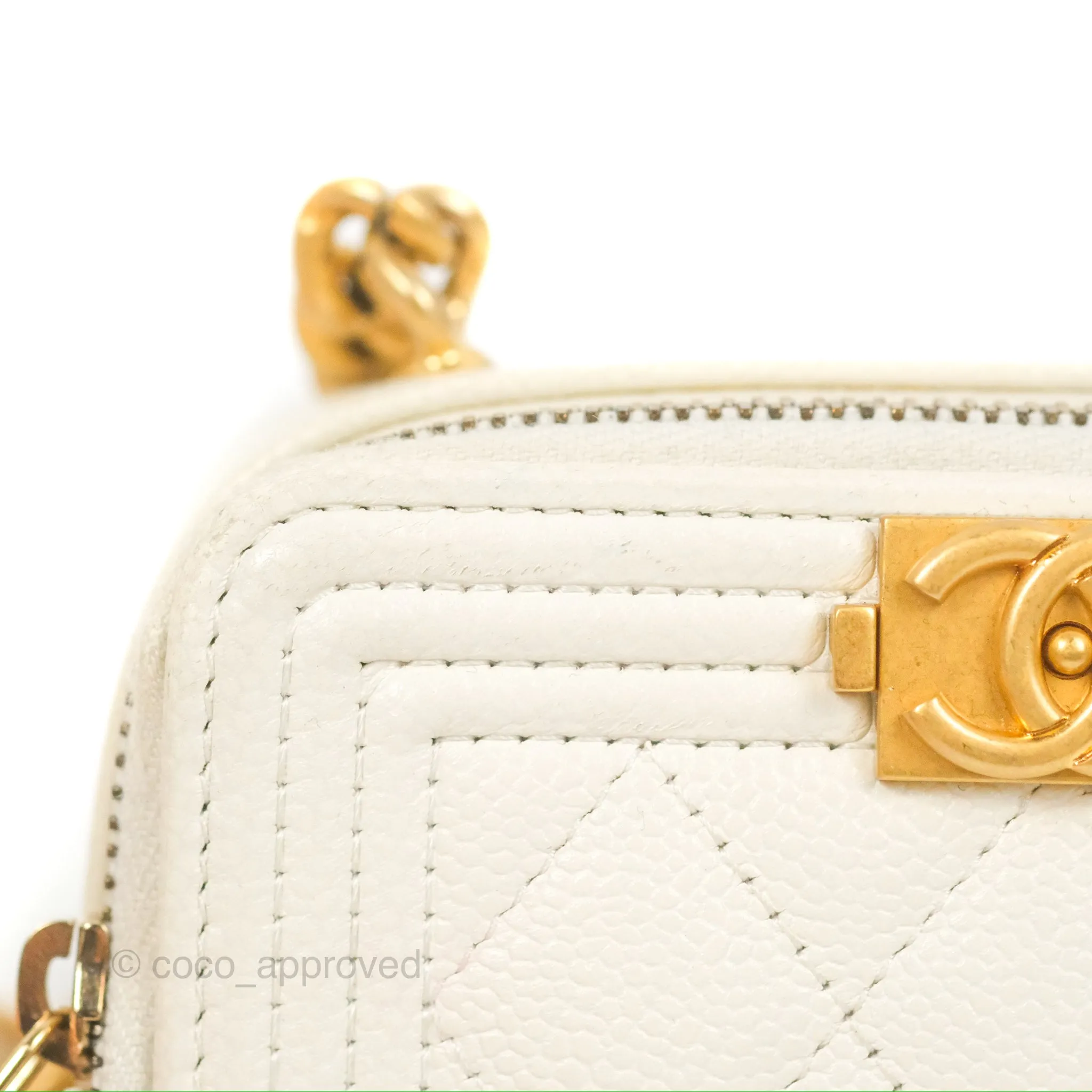 Chanel Mini Boy Clutch with Chain White Caviar Aged Gold Hardware