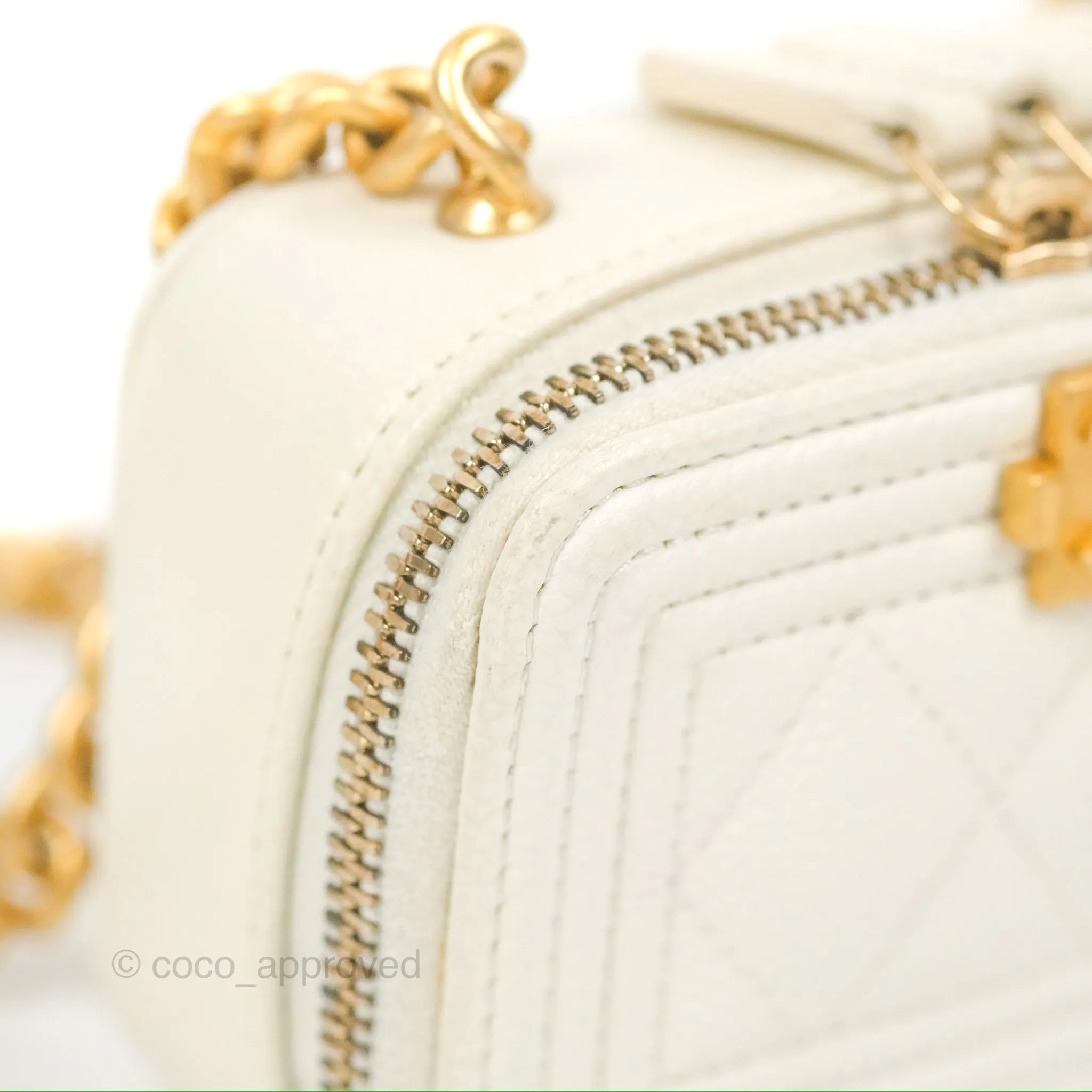 Chanel Mini Boy Clutch with Chain White Caviar Aged Gold Hardware