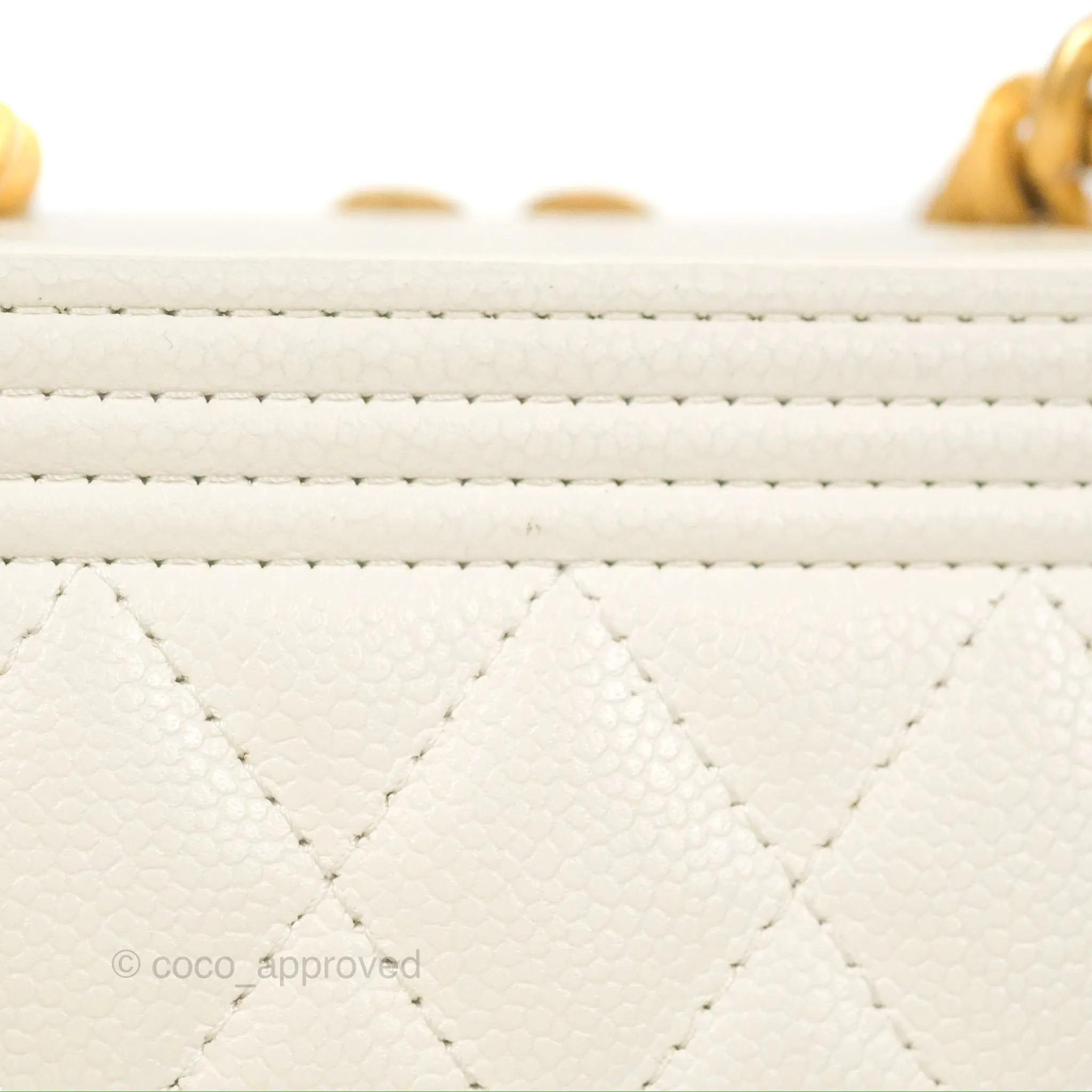 Chanel Mini Boy Clutch with Chain White Caviar Aged Gold Hardware