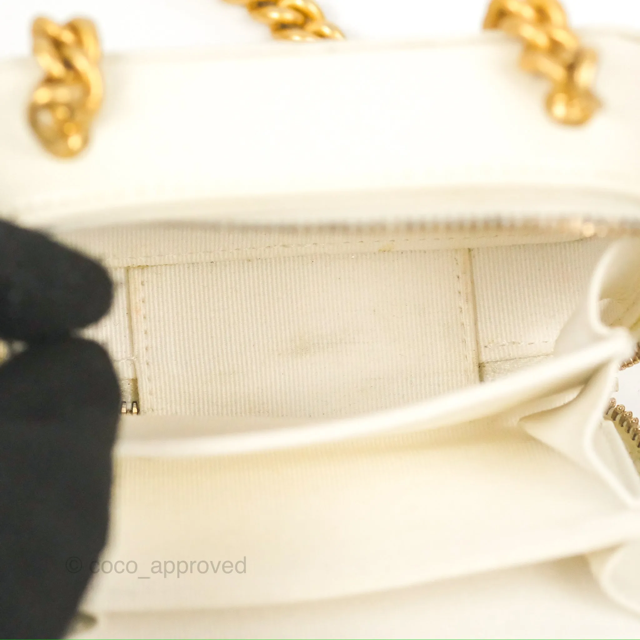 Chanel Mini Boy Clutch with Chain White Caviar Aged Gold Hardware