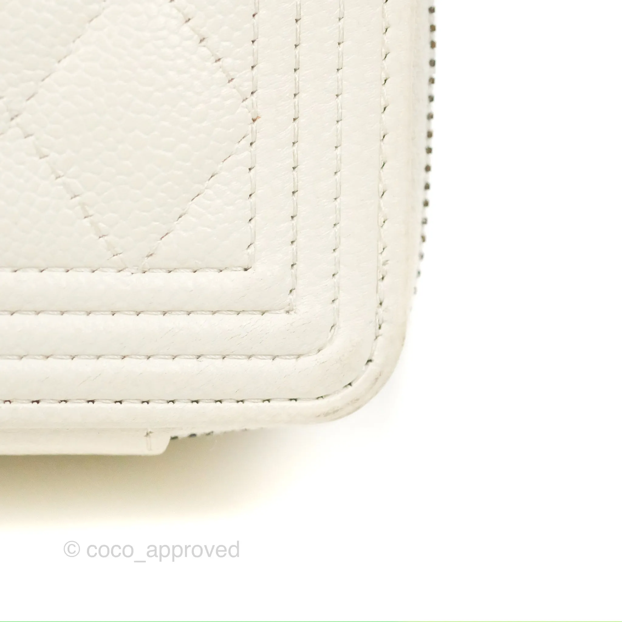 Chanel Mini Boy Clutch with Chain White Caviar Aged Gold Hardware