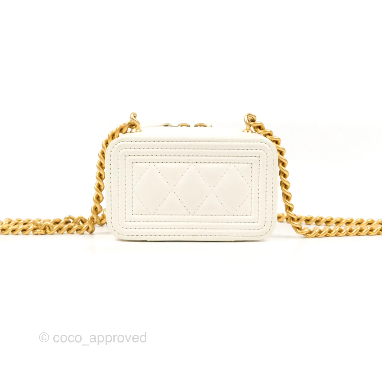 Chanel Mini Boy Clutch with Chain White Caviar Aged Gold Hardware
