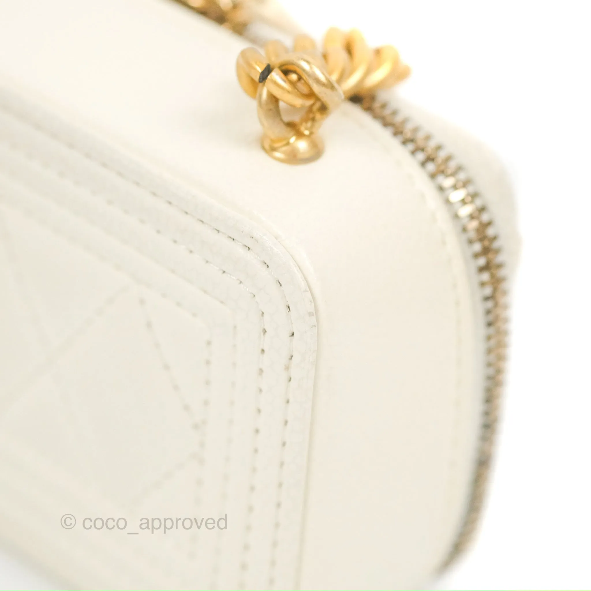 Chanel Mini Boy Clutch with Chain White Caviar Aged Gold Hardware